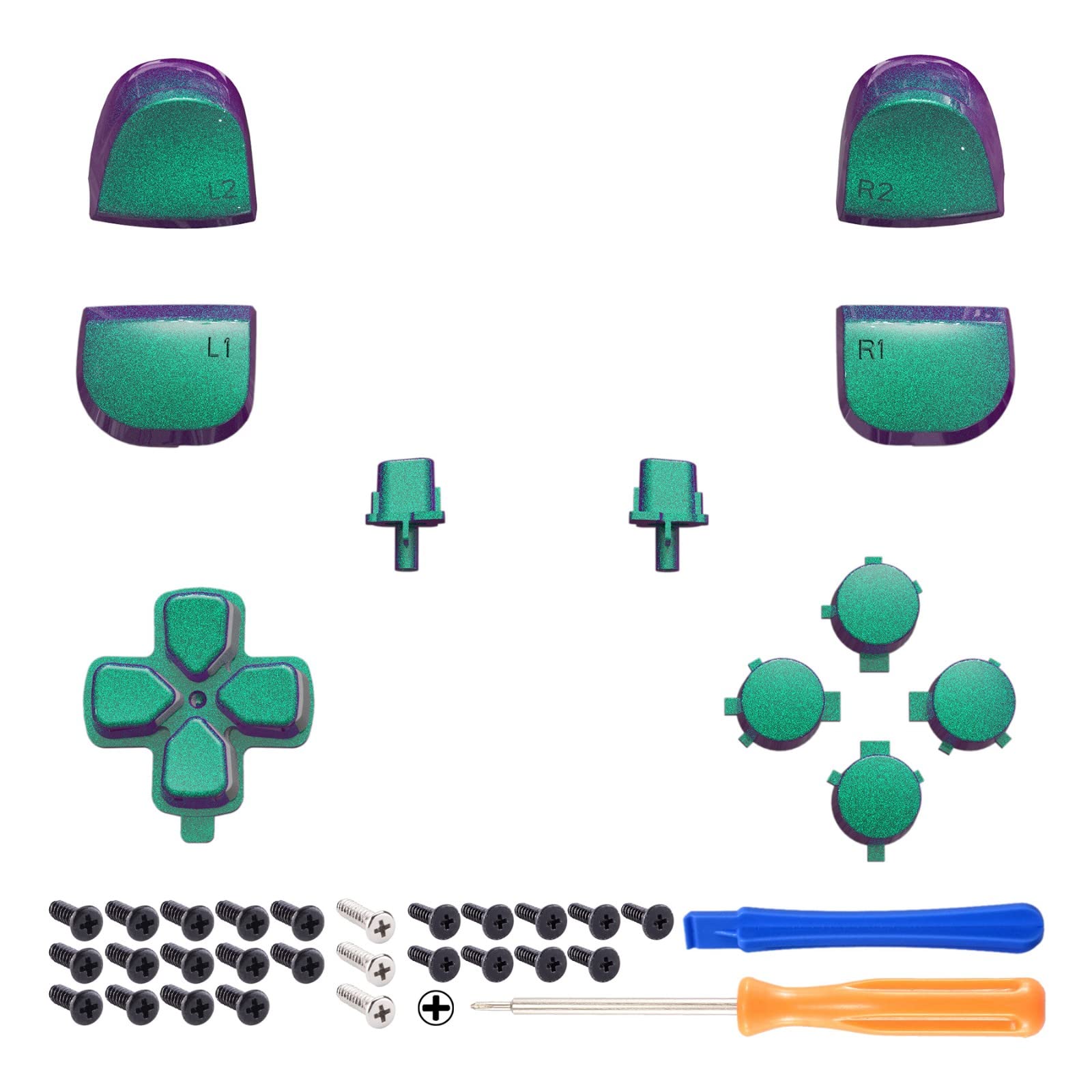 eXtremeRate Replacement D-pad R1 L1 R2 L2 Triggers Share Options Face Buttons - Chameleon Green Purple Full Set Compatible with PS5 Controller BDM-010 & BDM-020 - Perfect for Gaming, Controller Customization & PS5 Accessories