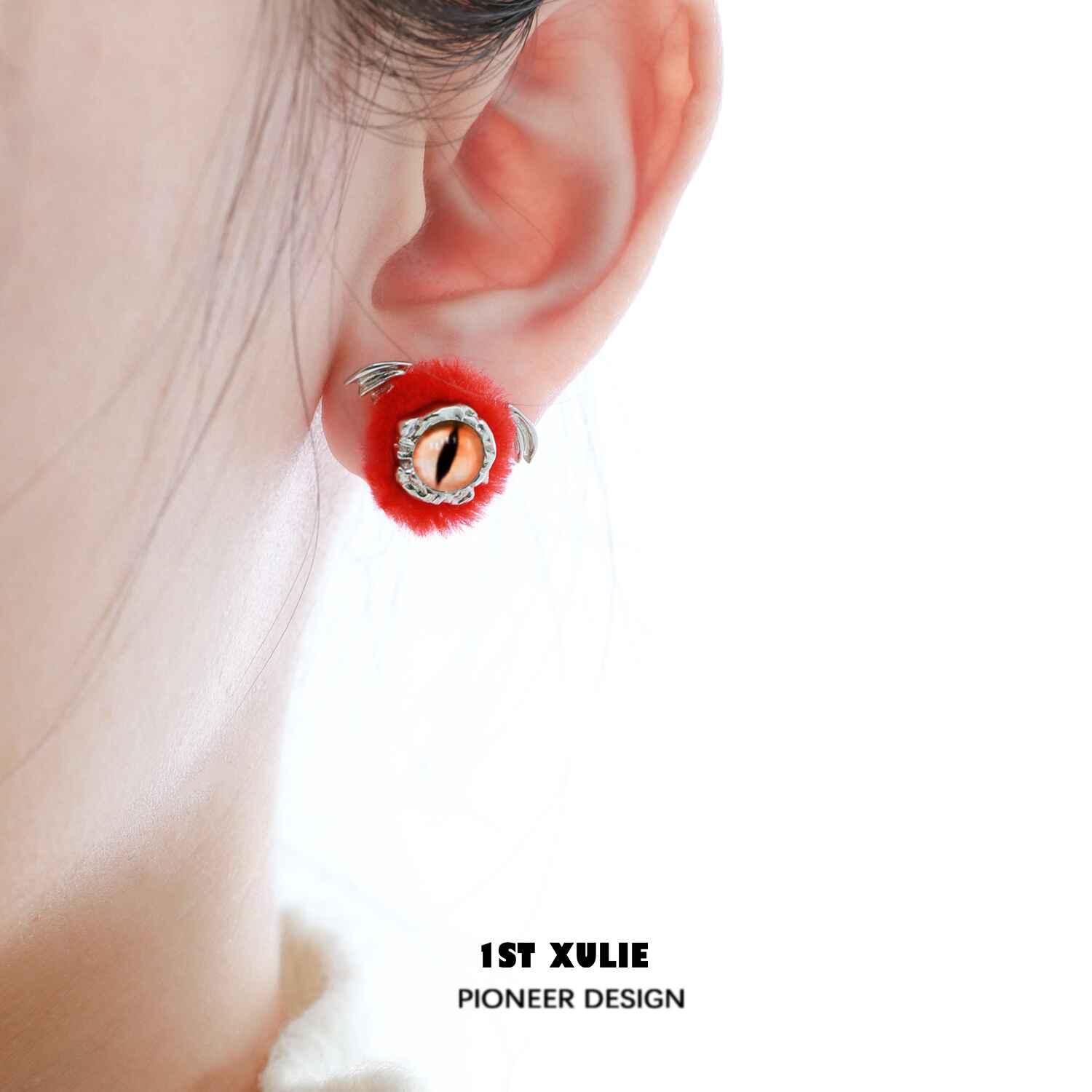 Little Demon Fluffy S925 Sterling Silver Demon Earrings - Gothic Punk Ear Clips for Women - Perfect for Halloween, Cosplay & Alternative Fashion
