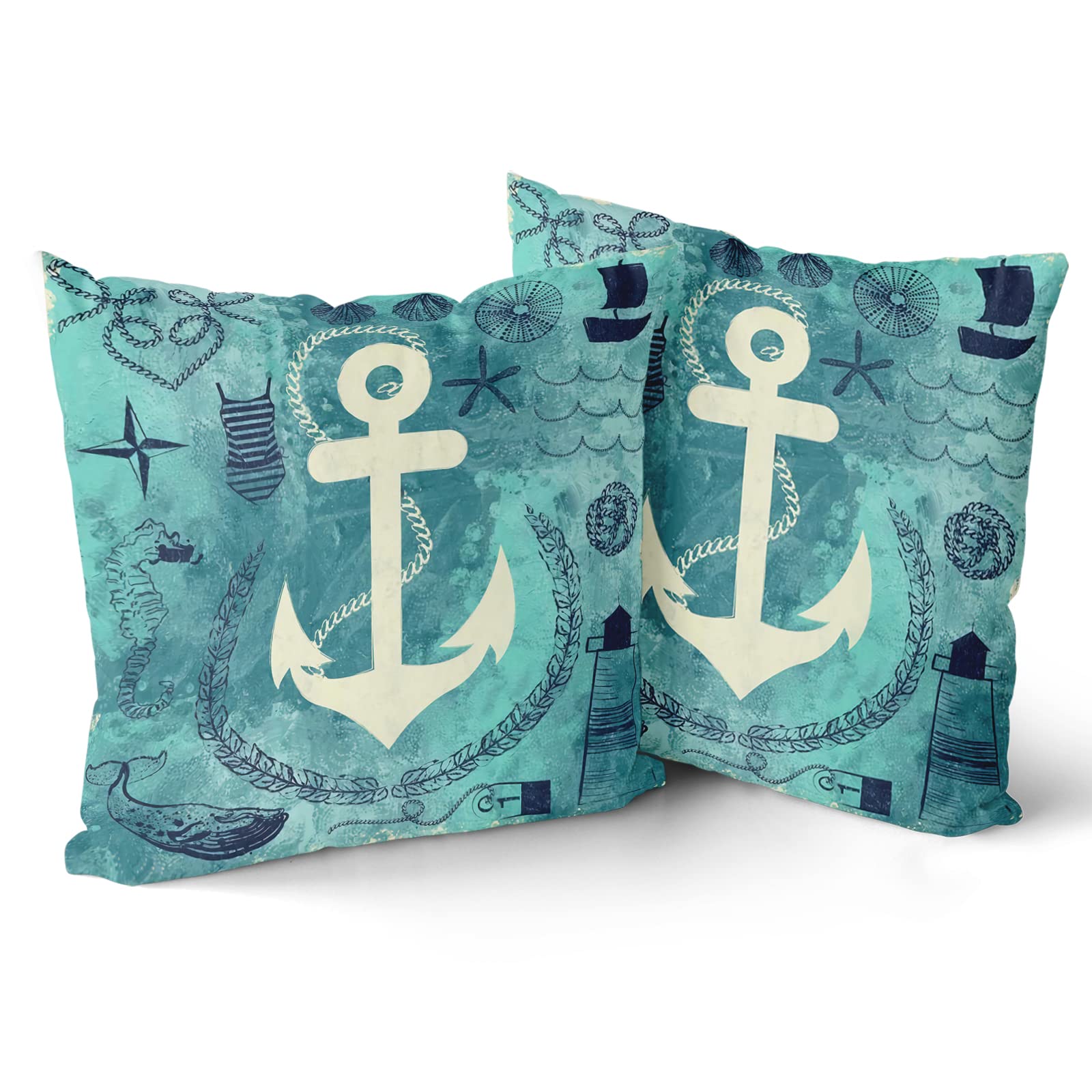 2PCS White Anchor Pillow Cases 18x18 Inch - Nautical Blue Throw Pillow Covers for Couch, Sofa, Bed - Boat Theme Decorative Cushion Covers for Bedroom, Living Room & Outdoor Use - Set of 2 Home Decor Accents