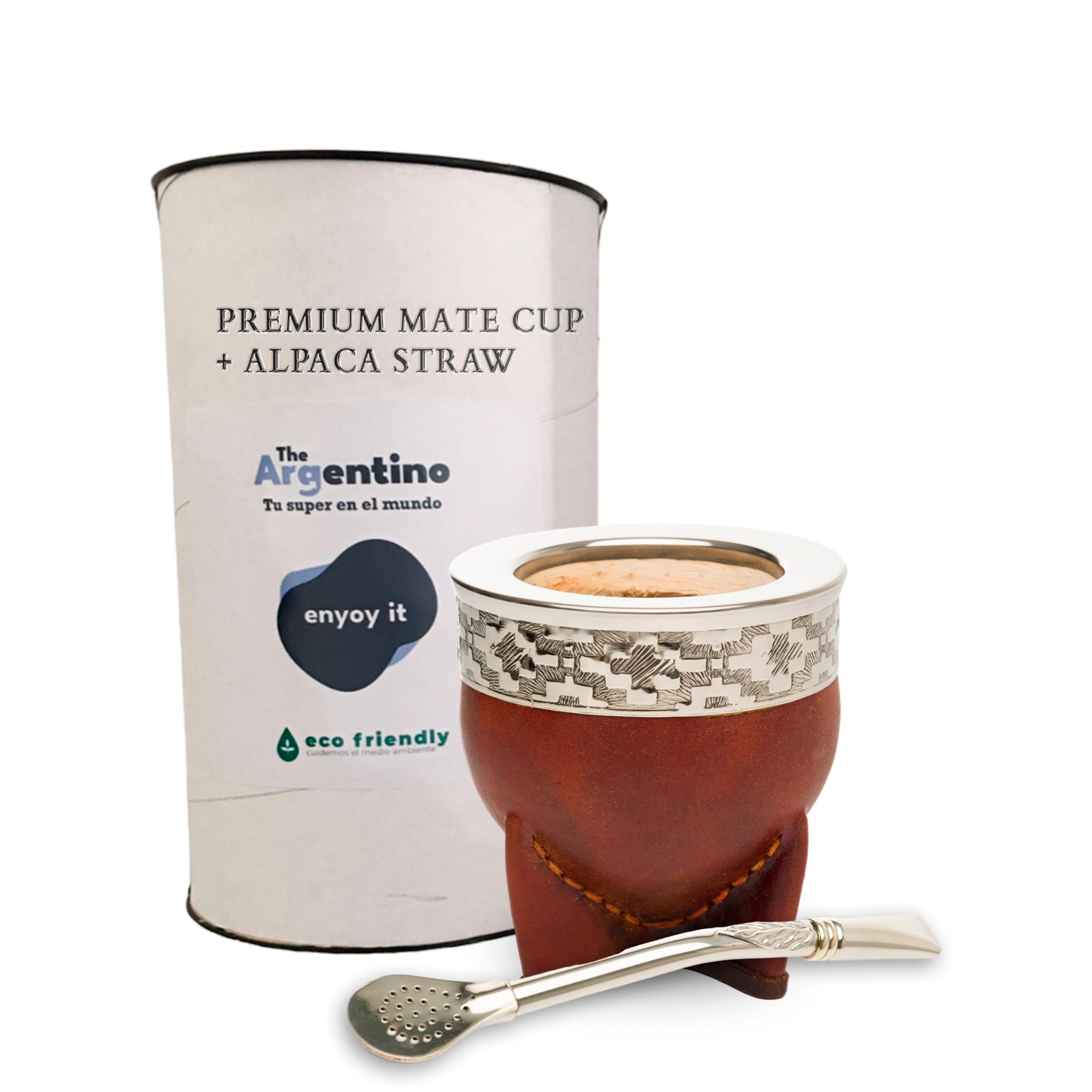 Premium Yerba Mate Gourd Set with Stainless Steel Bombilla Straw - Authentic Handcrafted Leather Cup from Argentina - Perfect for Beach, Travel & Outdoor Adventures - Great Gift Idea for Tea Lovers - Traditional Mate Drinking Experience