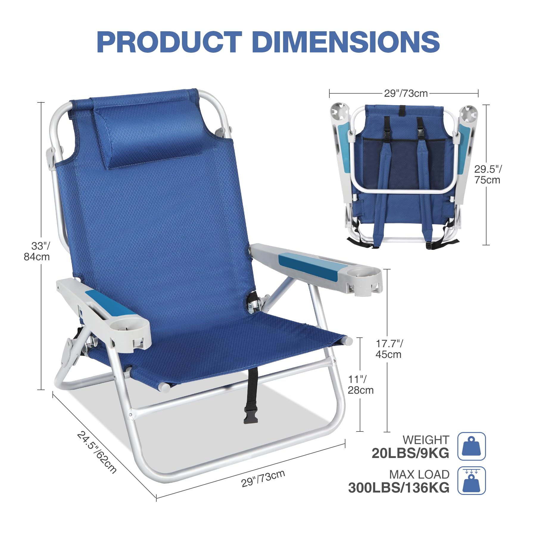 REDCAMP 2 Pack XL 5-Position Adjustable Aluminum Beach Camping Chairs for Adults - Portable Lounge Chair with Cup Holder, Pillow & Towel Bar - Perfect for Sand, Beach, Poolside, Picnics & Outdoor Adventures