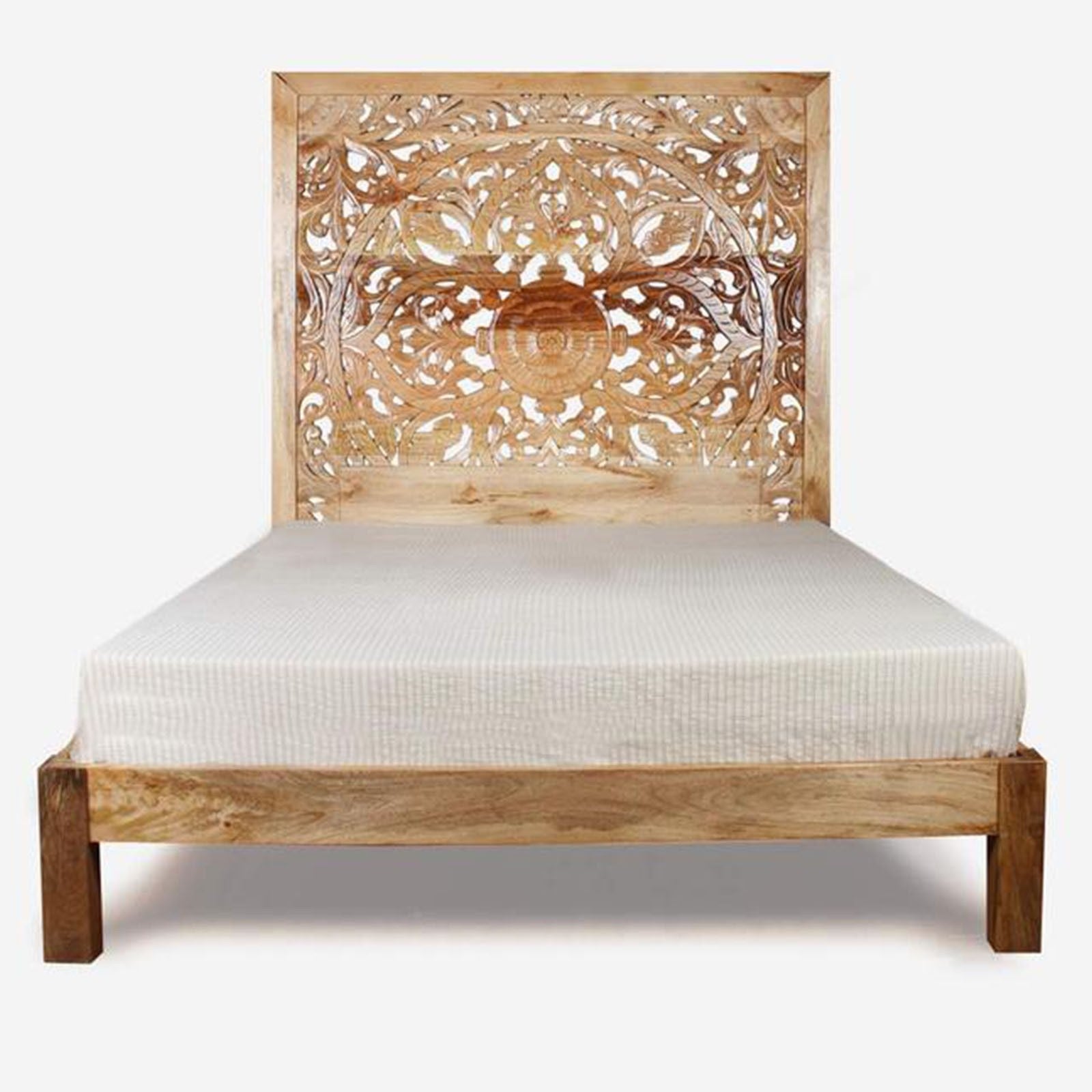 Hand Carved Solid Wood Indian Bed Frame - Queen Size, Natural Finish | Perfect for Master Bedroom, Guest Room & Boho Chic Home Decor