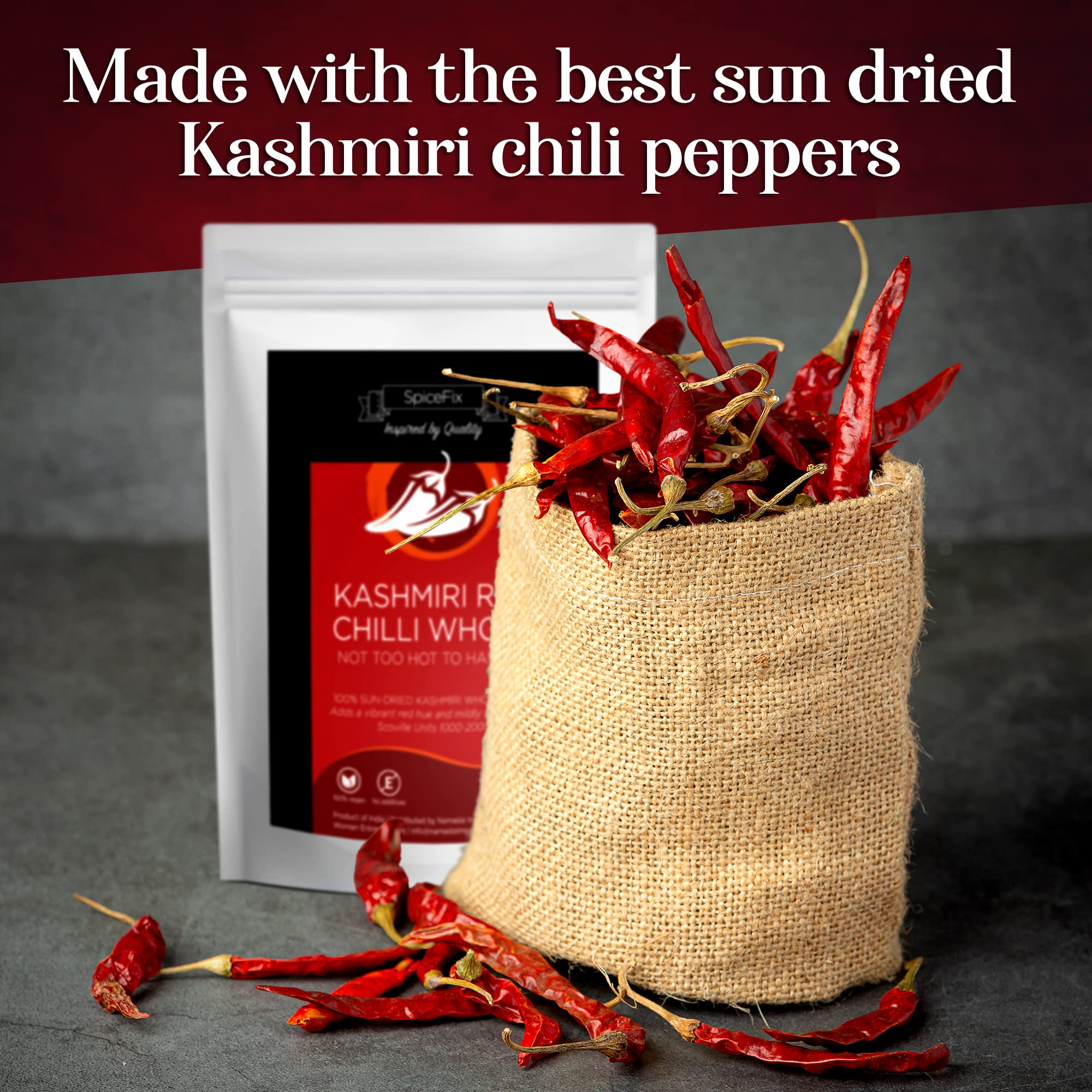 Premium Whole Kashmiri Red Chili Pepper - Mild to Medium Heat, Natural Stemless Dried Chillies | Sun-Dried Indian Red Peppers in Resealable Bag (2.6oz) - Perfect for Curries, Stews & Homemade Spice Blends