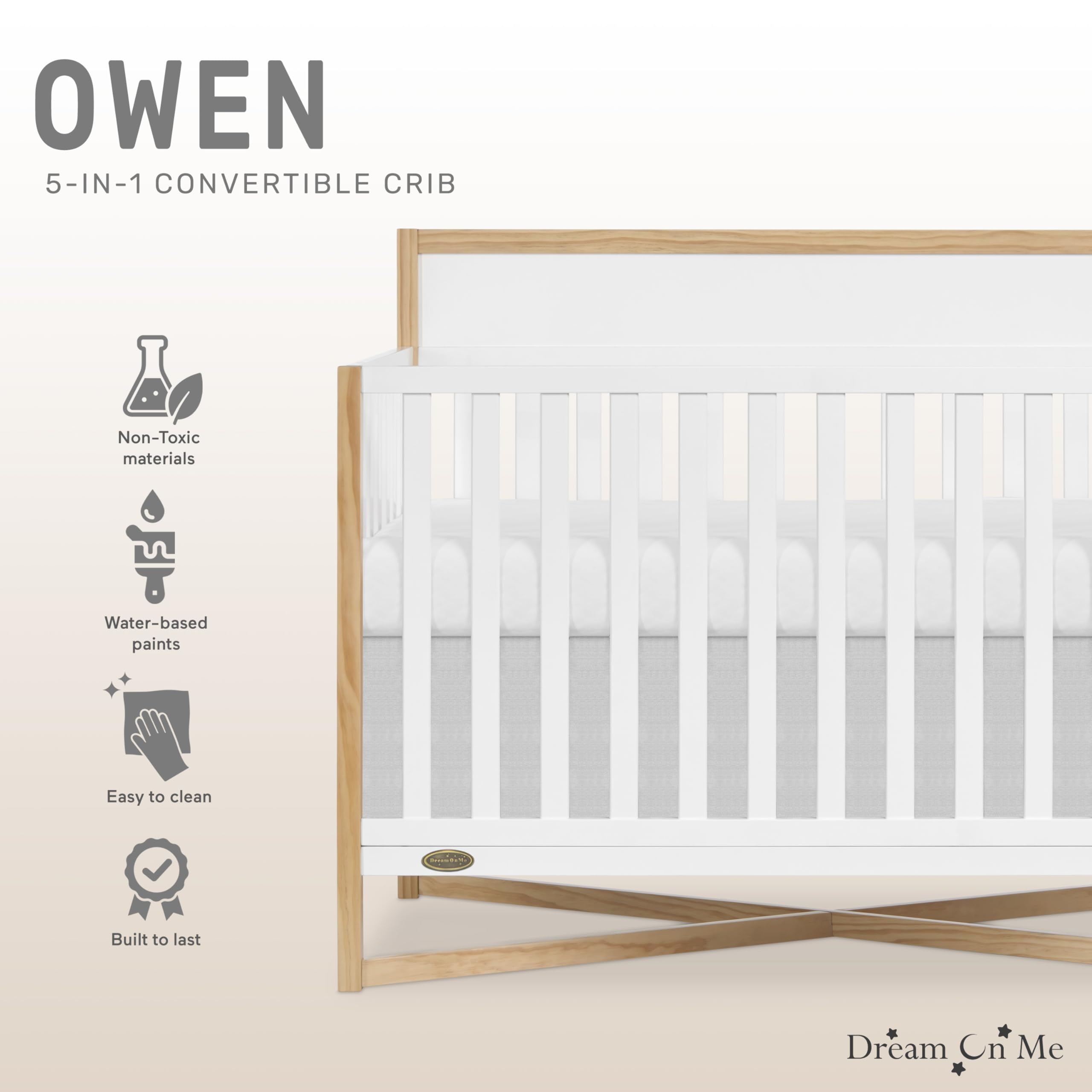 Dream On Me Owen 5-in-1 Convertible Crib - White Oak Finish | Greenguard Gold & JPMA Certified | Transforms to Toddler Bed, Daybed, Kids Sofa & Full Bed | Safe Nursery Furniture for Baby & Toddler | Perfect for Small Spaces & Growing Families