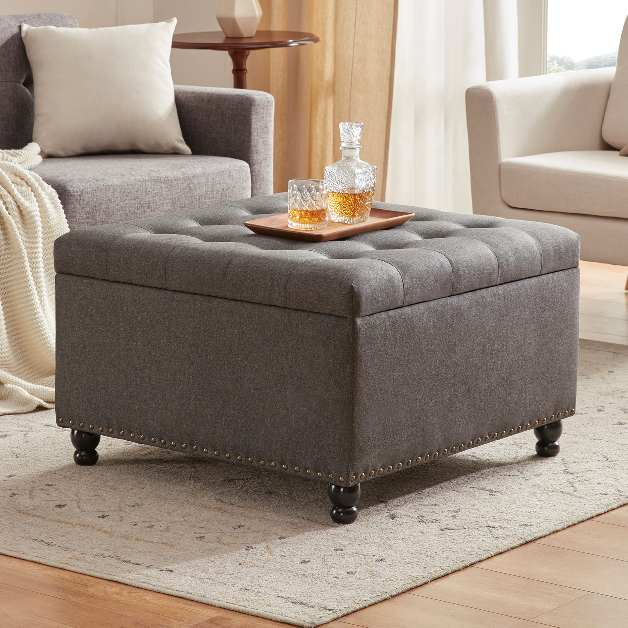 Tbfit Large Square Storage Ottoman Bench - Tufted Upholstered Coffee Table with Hidden Storage | Oversized Toy Box & Footrest for Living Room, Bedroom & Nursery | Dark Grey Ottoman for Home Organization & Extra Seating