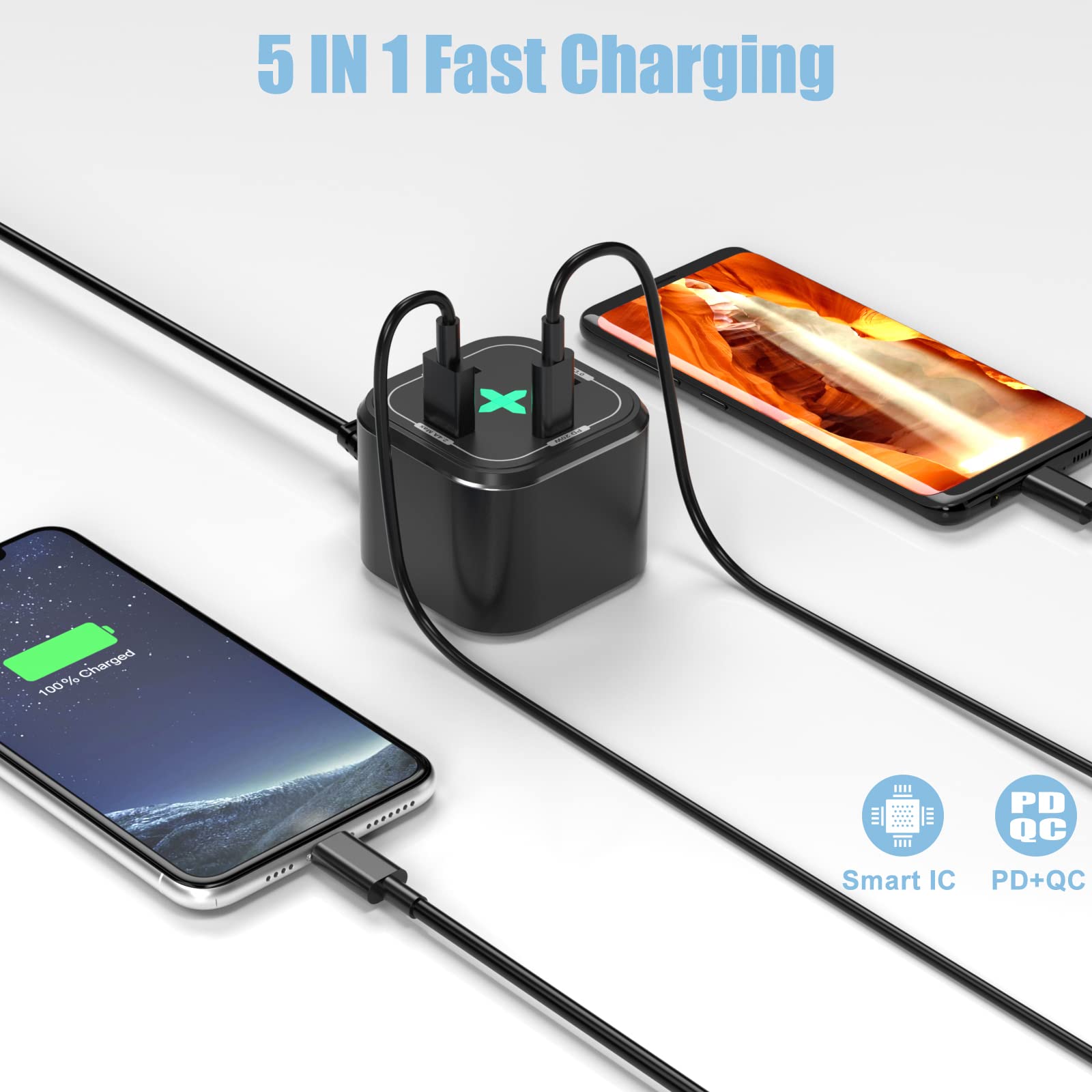 80W 5-Port USB C Charging Station with 65W PD 3.0 GaN Fast Charger - Compatible with iPhone 15/14 Pro Max, MacBook Pro, iPad Pro, Nintendo Switch, Galaxy S23/S22 - Perfect for Home, Office & Travel Charging Multiple Devices Simultaneously
