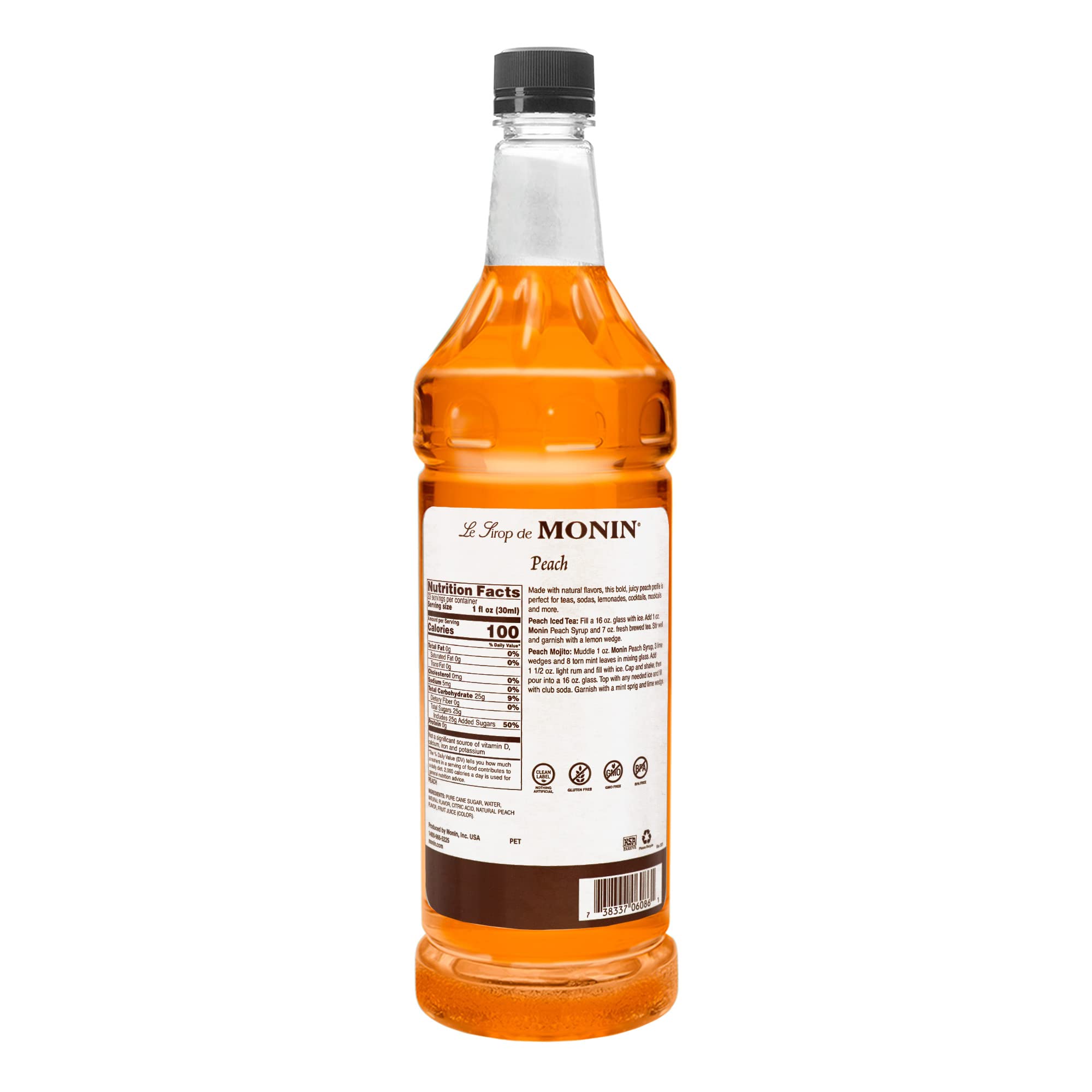 Monin Peach Syrup - 1 Liter, 2-Pack | Fresh & Juicy Non-GMO Gluten-Free Flavoring for Iced Tea, Lemonade, Soda, Cocktails & Mocktails | Perfect for Summer Drinks, Coffee Shops & Home Bars