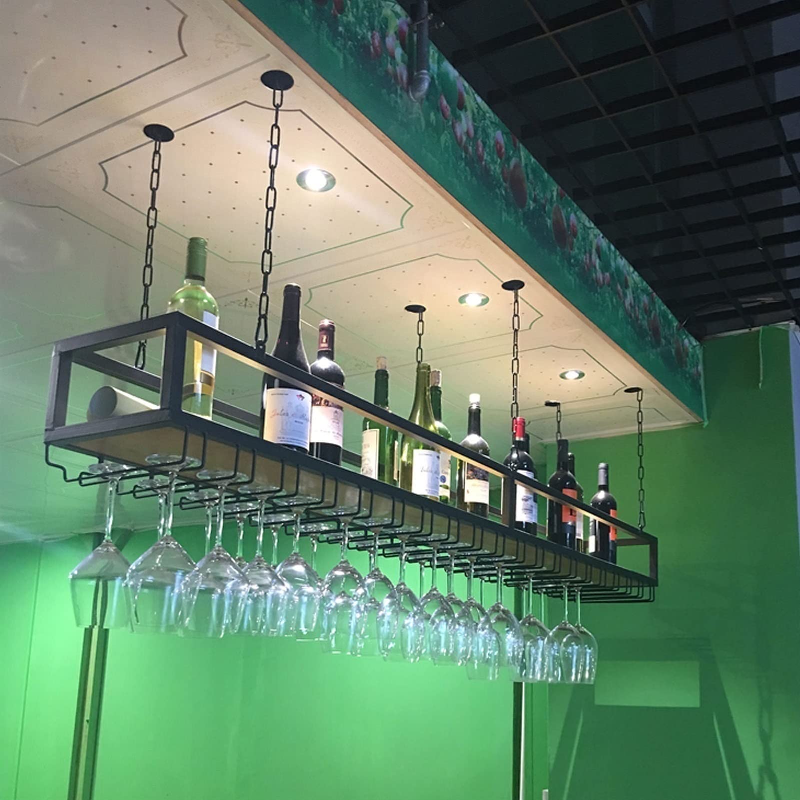 Adjustable Black Metal Ceiling Wine Rack with Glass Holder - 63