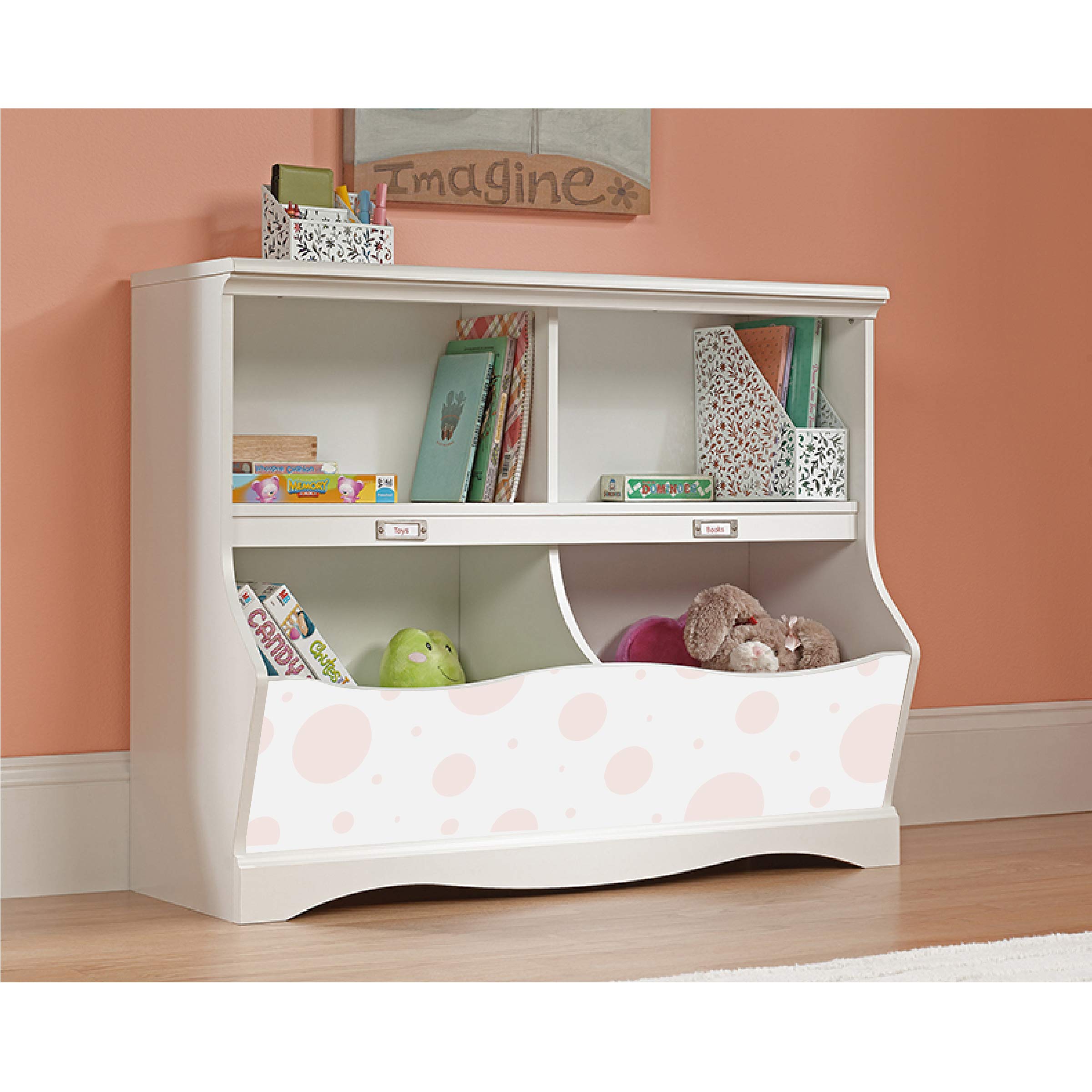 LifeSong Milestones Bookcase Footboard with Cubbyhole - White & Pink Polka Dot Kids Bookcase Toy Storage Organizer for Nursery, Playroom, Bedroom - Perfect for Books, Toys & Room Decor Organization