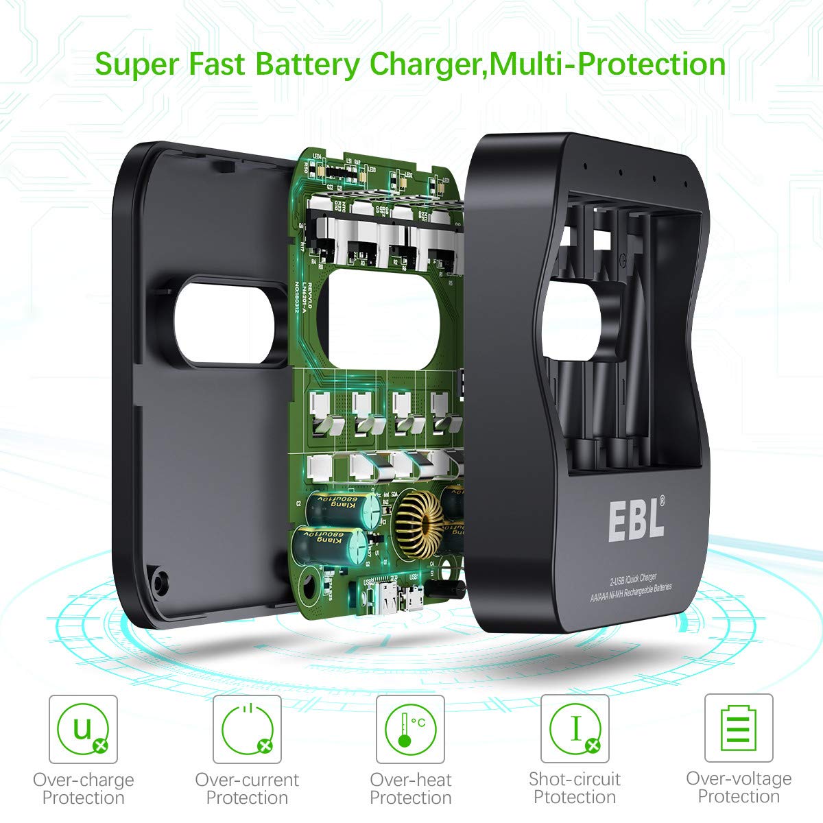 EBL C6201 4 Bay Smart NiMH AA AAA Battery Charger with LCD Display - Fast Charging for Rechargeable Batteries - Perfect for Cameras, Toys, Flashlights, and Electronic Devices