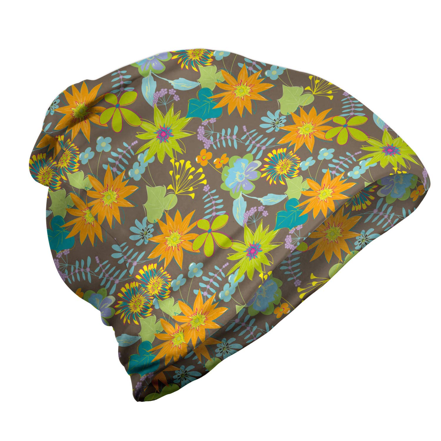 Ambesonne Unisex Beanie - Retro Spring Blossoms Design for Men & Women - Warm Winter Knit Hat for Hiking, Camping & Outdoor Activities