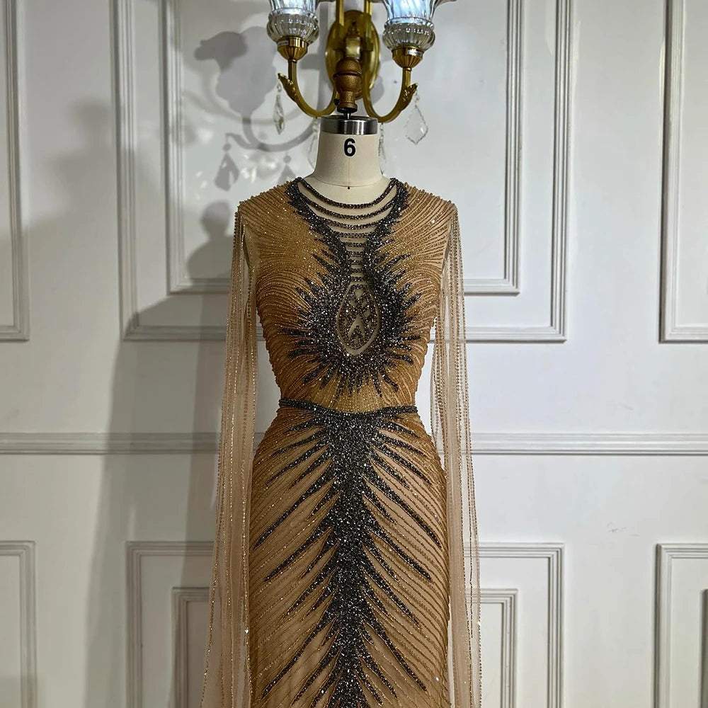 Elegant Caramel Beaded Evening Gown with Cape Sleeves - LA72940 | Formal Party Dress for Women | Perfect for Galas, Weddings & Red Carpet Events