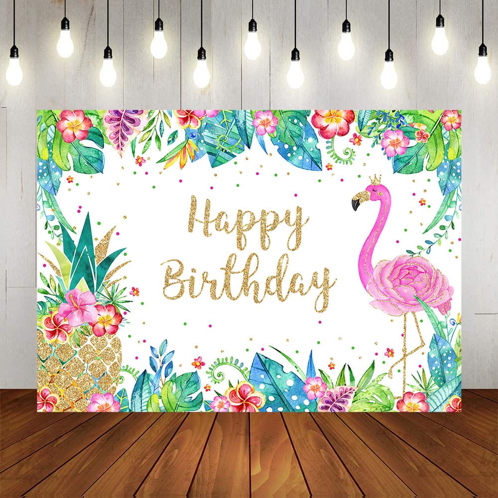 Tropical Flamingo Birthday Backdrop - 7x5ft Pink Flamingo & Gold Pineapple Hawaiian Luau Party Decor for Summer Beach, Aloha Theme Photoshoot Props - Perfect for Birthday Parties, Baby Showers & Tropical Events