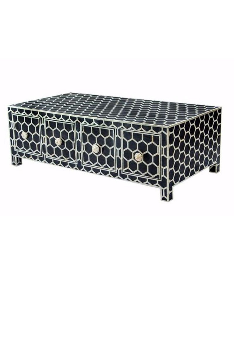 Handmade Bone Inlay Coffee Table with Storage | Honeycomb Pattern Center Table for Living Room, Lounge & Home Decor | Stylish & Functional Furniture