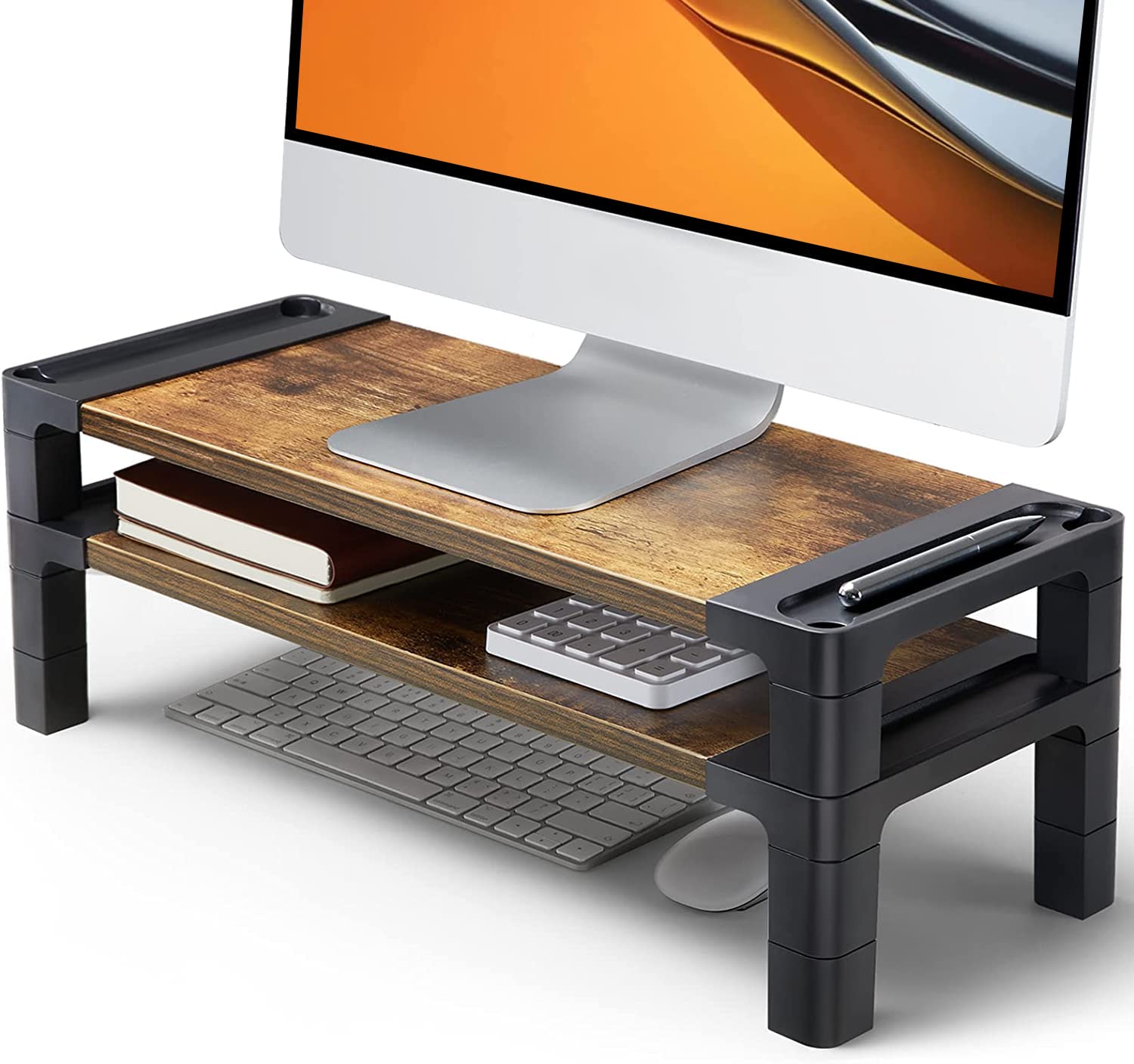 HUANUO Adjustable Monitor Stand with 2 Platforms - Ergonomic Laptop & Computer Riser for Desk, PC, Printer - Perfect for Home Office, Gaming Setup & Workspace Organization (Vintage Style)