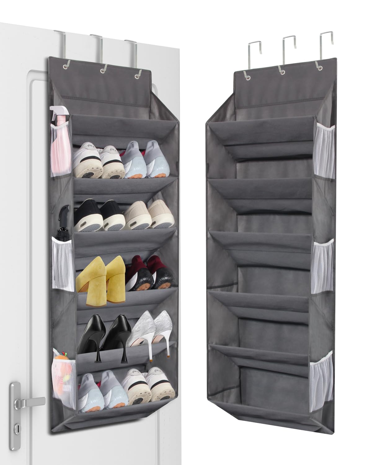 Over the Door Shoe Organizer - Hanging Storage Rack Holds 12 Pairs of Shoes with 6 Mesh & 6 Deep Pockets - 50lbs Capacity Space Saving Closet Organizer for Bedroom, Entryway, Dorm Room (1 Pack)