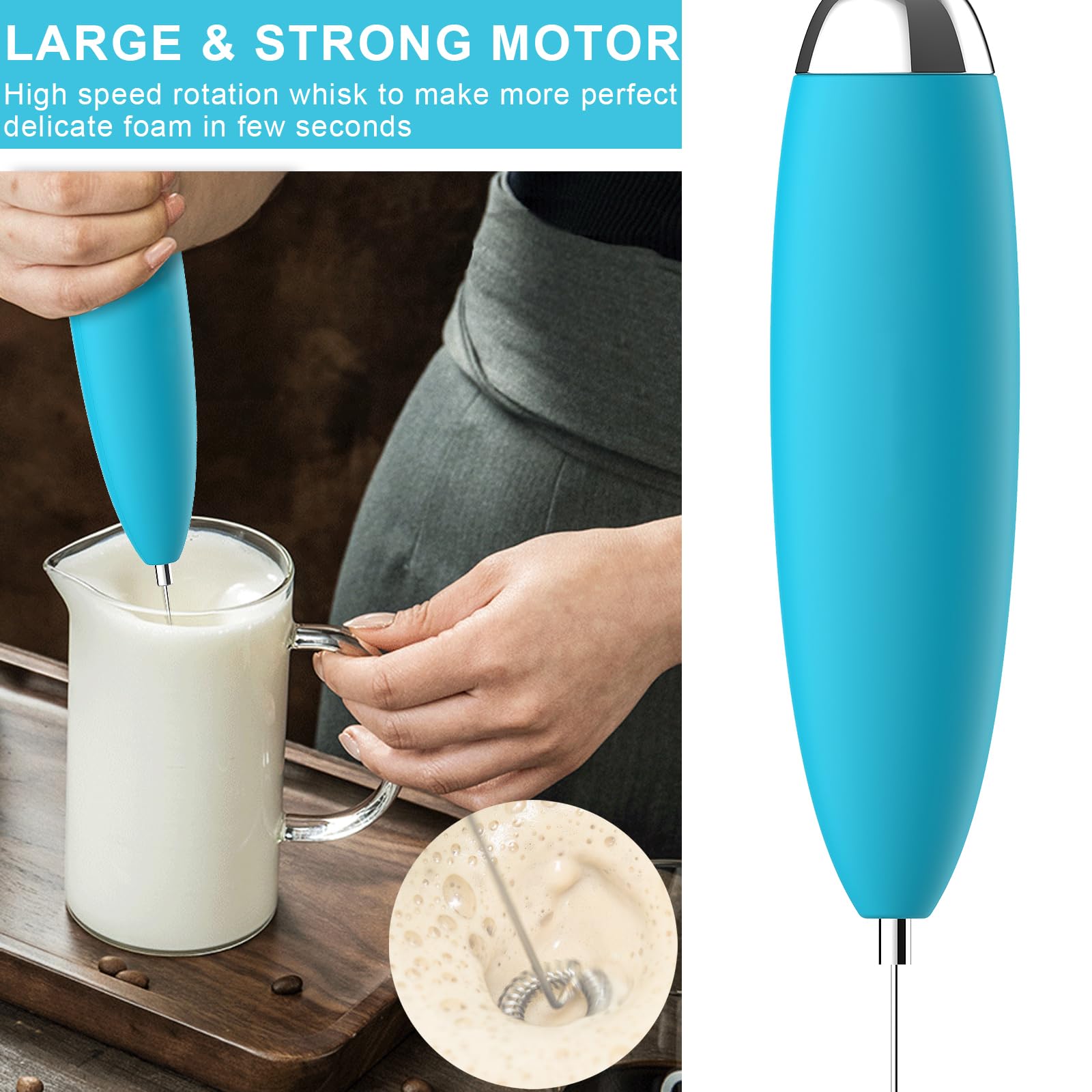 Upgraded Electric Milk Frother - Durable, Low Noise Mini Drink Mixer for Coffee, Latte & Cold Milk - Portable Foam Maker for Bulletproof Coffee & Hot Chocolate (Blue) | Perfect for Home, Office & Travel Use