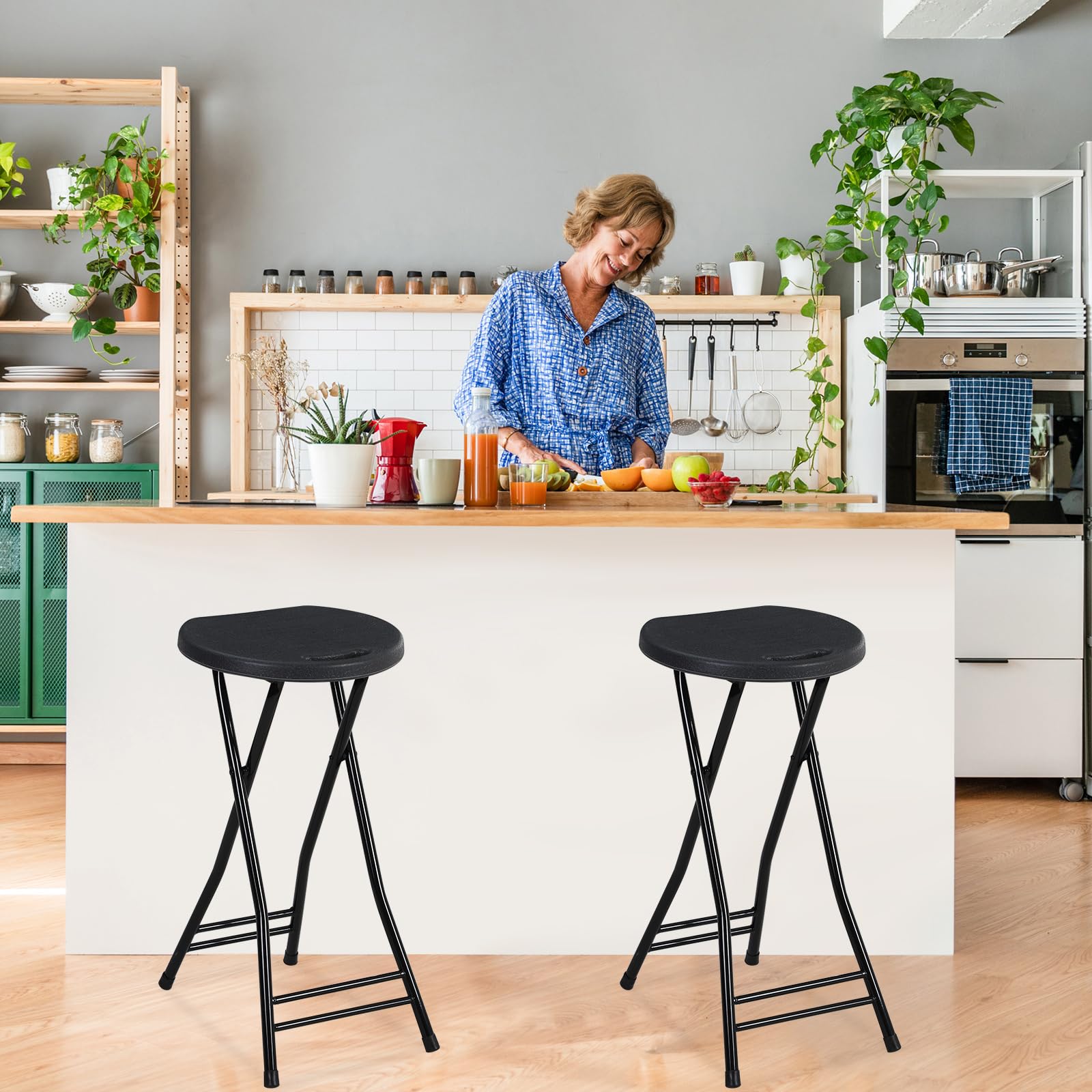 Suzile 2 Pack 24 Inch Folding Stool - Heavy Duty 300lbs Capacity Portable Plastic Bar Stool with Handle for Kitchen, Counter, Camping, Indoor & Outdoor Use (Black)