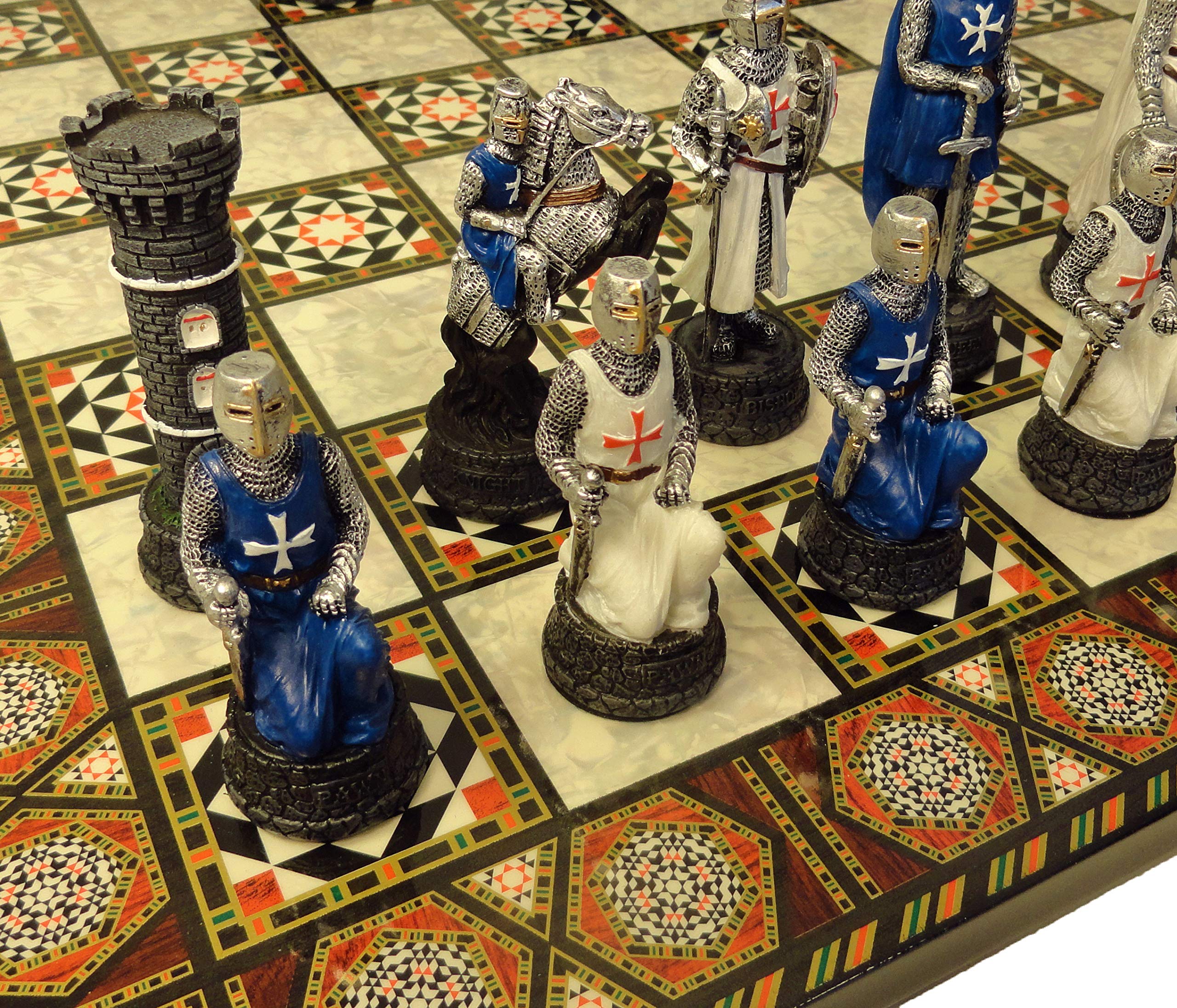 Medieval Crusades Warrior Chess Set - Blue & White Maltese Cross Design with 16.5