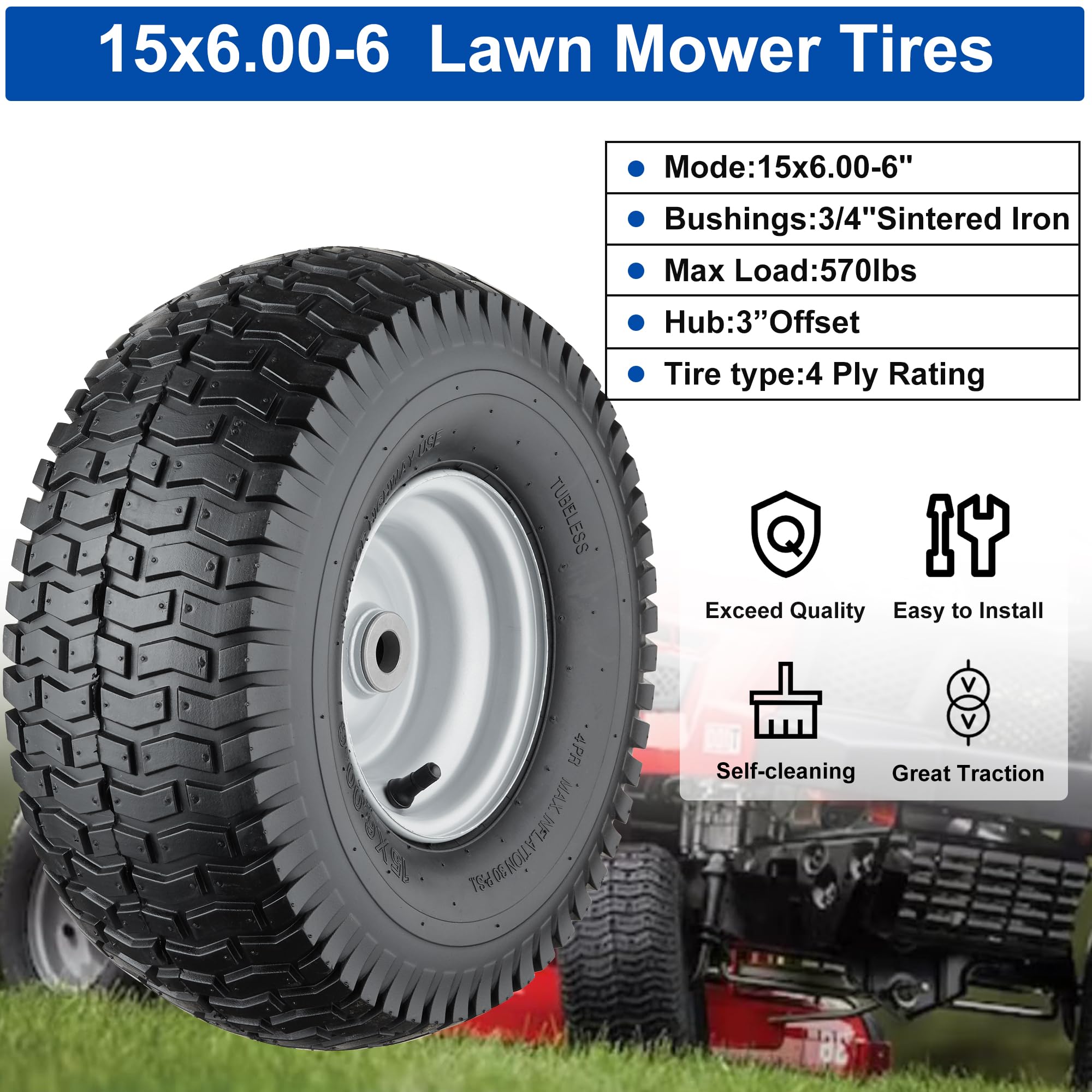 15x6.00-6 Tubeless Lawn Mower Tires (2 Pack) - 4 Ply Heavy Duty Garden Tractor Tires with 3