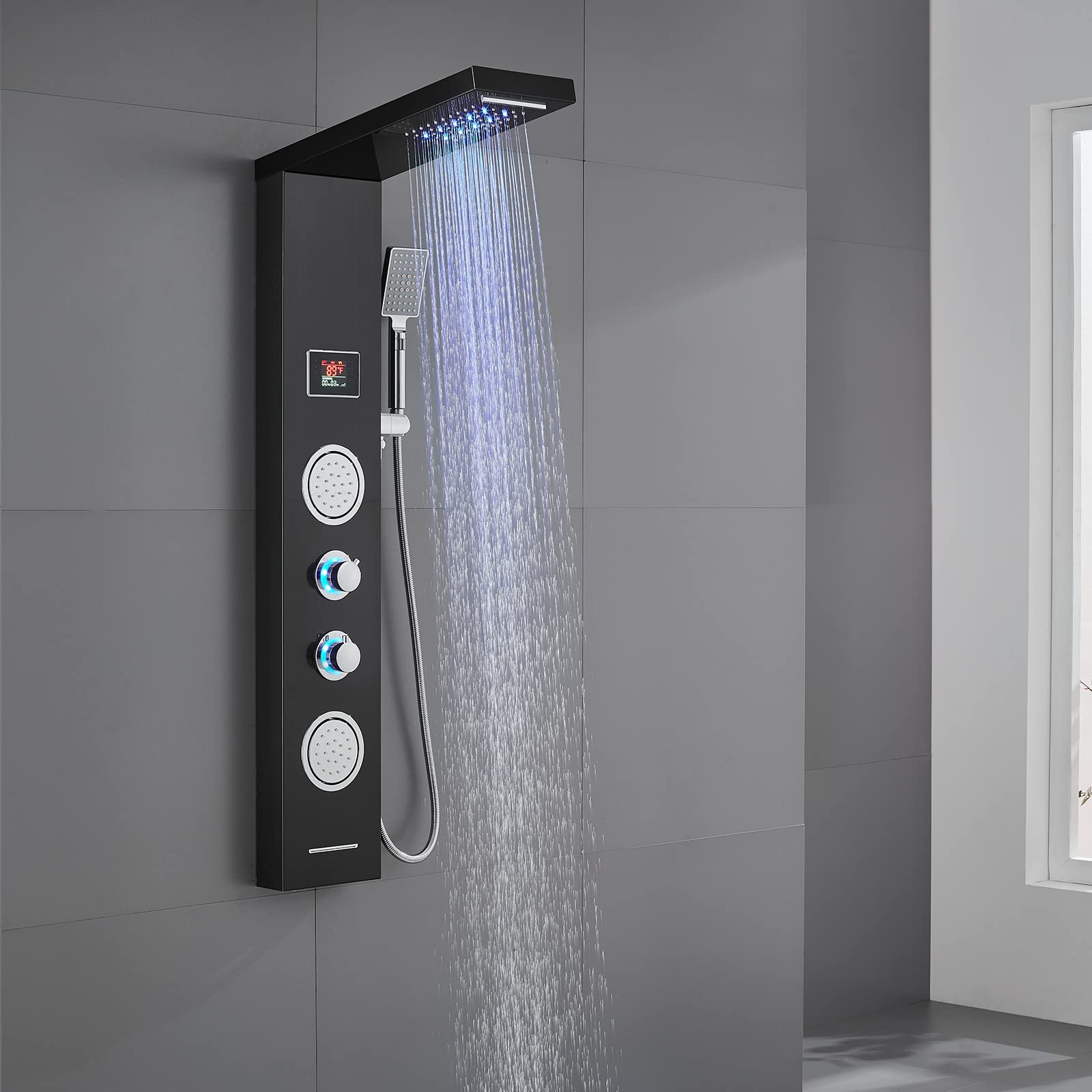 KINKIB 5-in-1 LED Rainfall Shower Panel System with Temperature Display - Waterfall Shower Tower, Body Massage Jets, Handheld Shower & Tub Spout (Battery-Free, Black Finish) - Perfect for Luxurious Spa-Like Bathroom Experience & Modern Home Upgrades