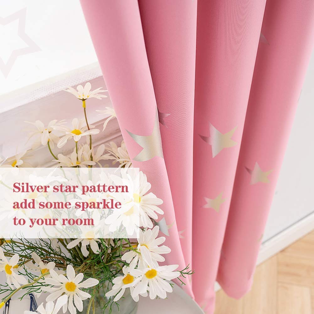 Pink Blackout Curtains for Girls Room - Silver Star Design Thermal Insulated Window Drapes (52x54 Inches, 2 Panels) - Perfect for Nursery, Bedroom & Home Theater Light Blocking
