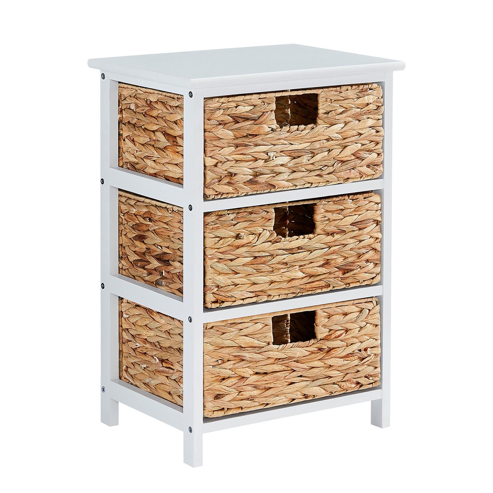 Tesmula White Nightstand with 3 Drawers - Modern Bedside Table for Bedroom, Hallway & Living Room - Wood Top Dresser Storage Tower with Easy Pull Baskets (Water Hyacinth) - Perfect for Small Spaces, Apartment & Closet Organization