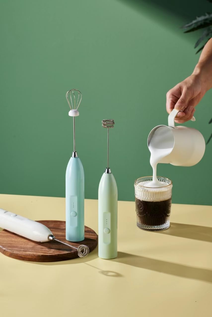 Electric Handheld Milk Frother - 3-Speed Adjustable Whisk with Stainless Steel Head, Battery Operated (4 AA Batteries Not Included) - Perfect for Making Latte, Cappuccino, Matcha & Egg Foam at Home or Café (White)