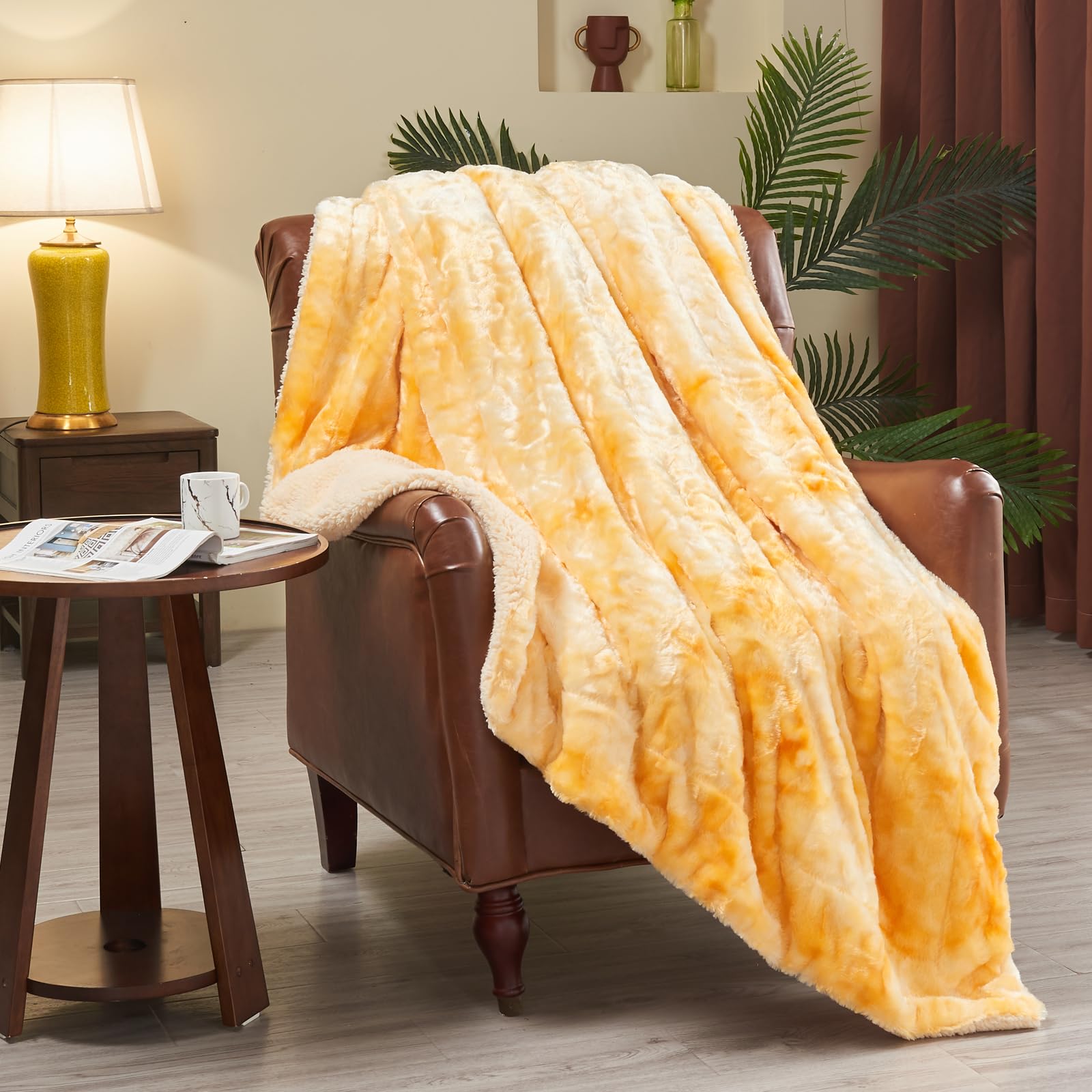Super Soft Faux Fur Throw Blanket - Yellow Sherpa Plush for Couch & Bed - Warm Cozy Home Decor