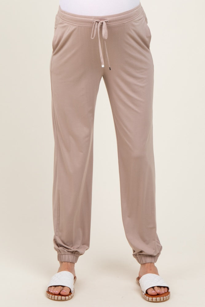 Beige Maternity Jogger Pants with Drawstring Waist - Comfortable Pregnancy Workout Pants for Yoga, Lounge & Everyday Wear