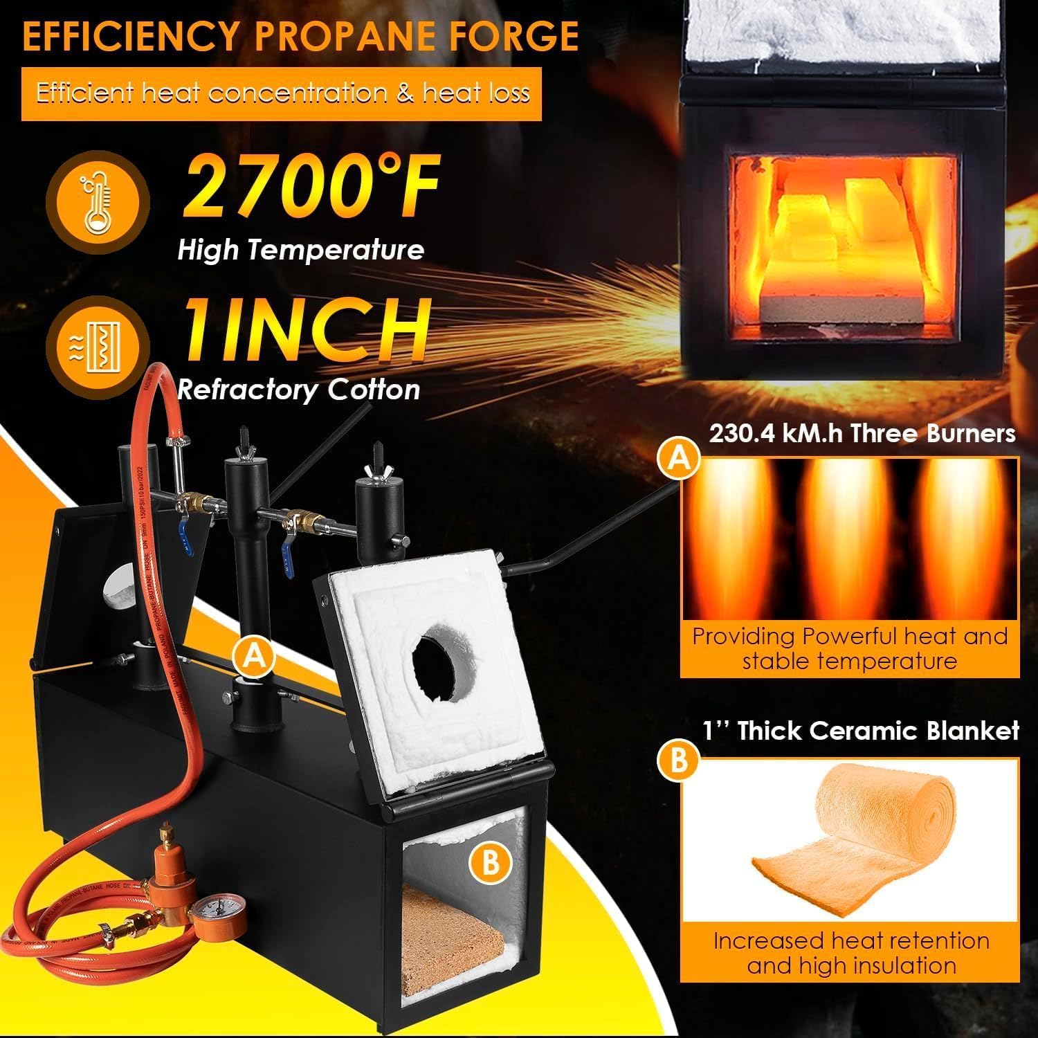 High-Temperature 2700℉ Propane Forge with 3 Burners - Large Square Blacksmith Gas Forge Kit with V-Bit Tongs & Leather Gloves - Perfect for Farrier Work, Knife Making, and Metal Tool Crafting - Ideal for DIY Blacksmithing, Jewelry Making, and Metalworking Projects