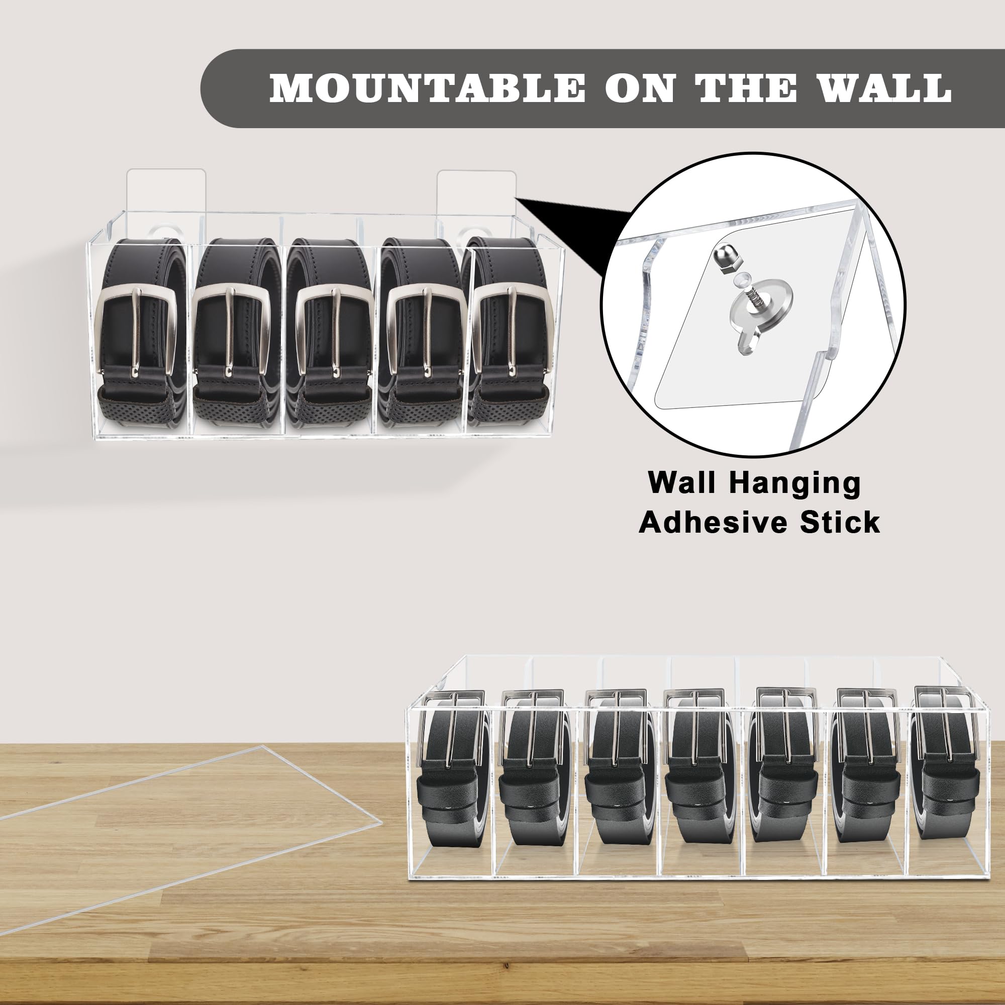 WeddingWish Acrylic Belt Organizer - 7 Compartment Clear Belt Storage with Dust Cover for Closet & Drawer - Perfect for Displaying Belts, Ties & Bow Ties | Ideal for Home Organization & Wardrobe Accessories