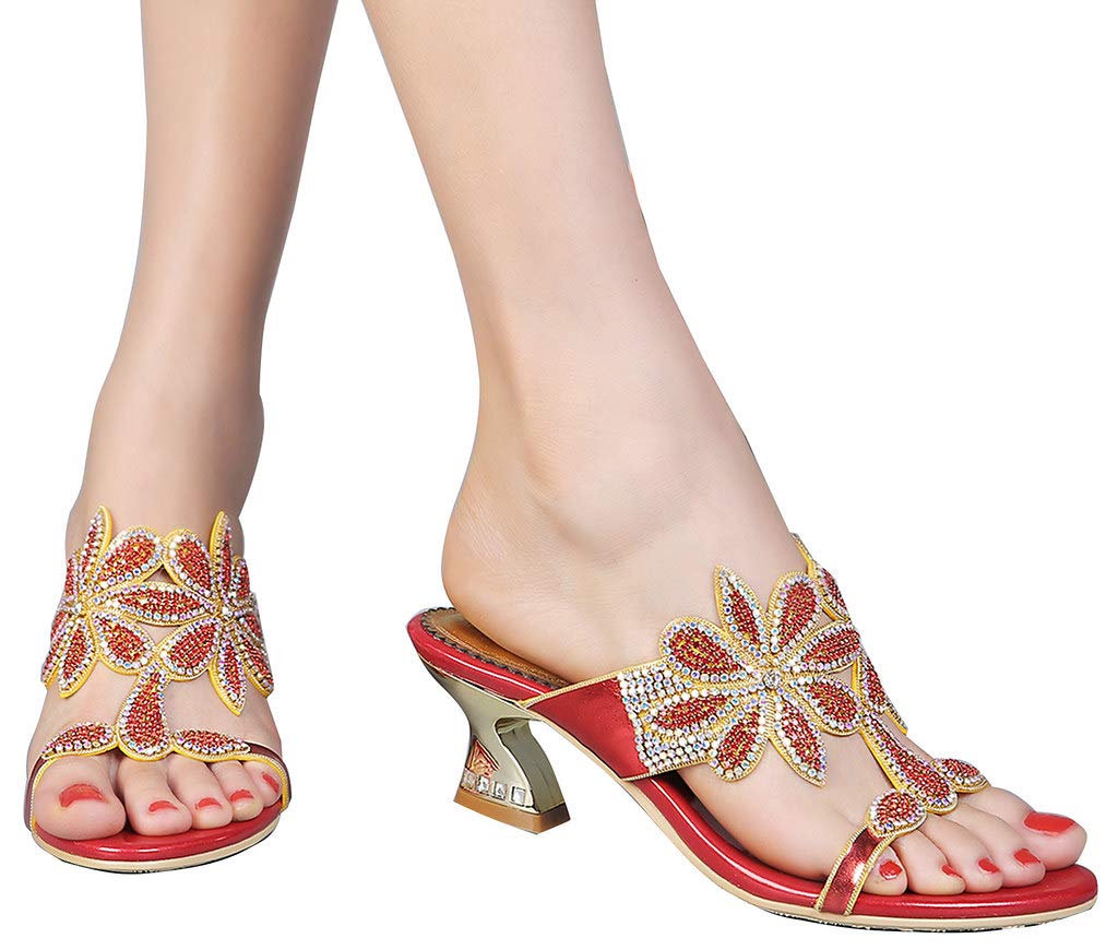 YooPrettyz Women's Floral Slip-On Sandals - Chunky Low Heel Comfortable Summer Shoes for Dating, Beach, Vacation & Casual Outfits
