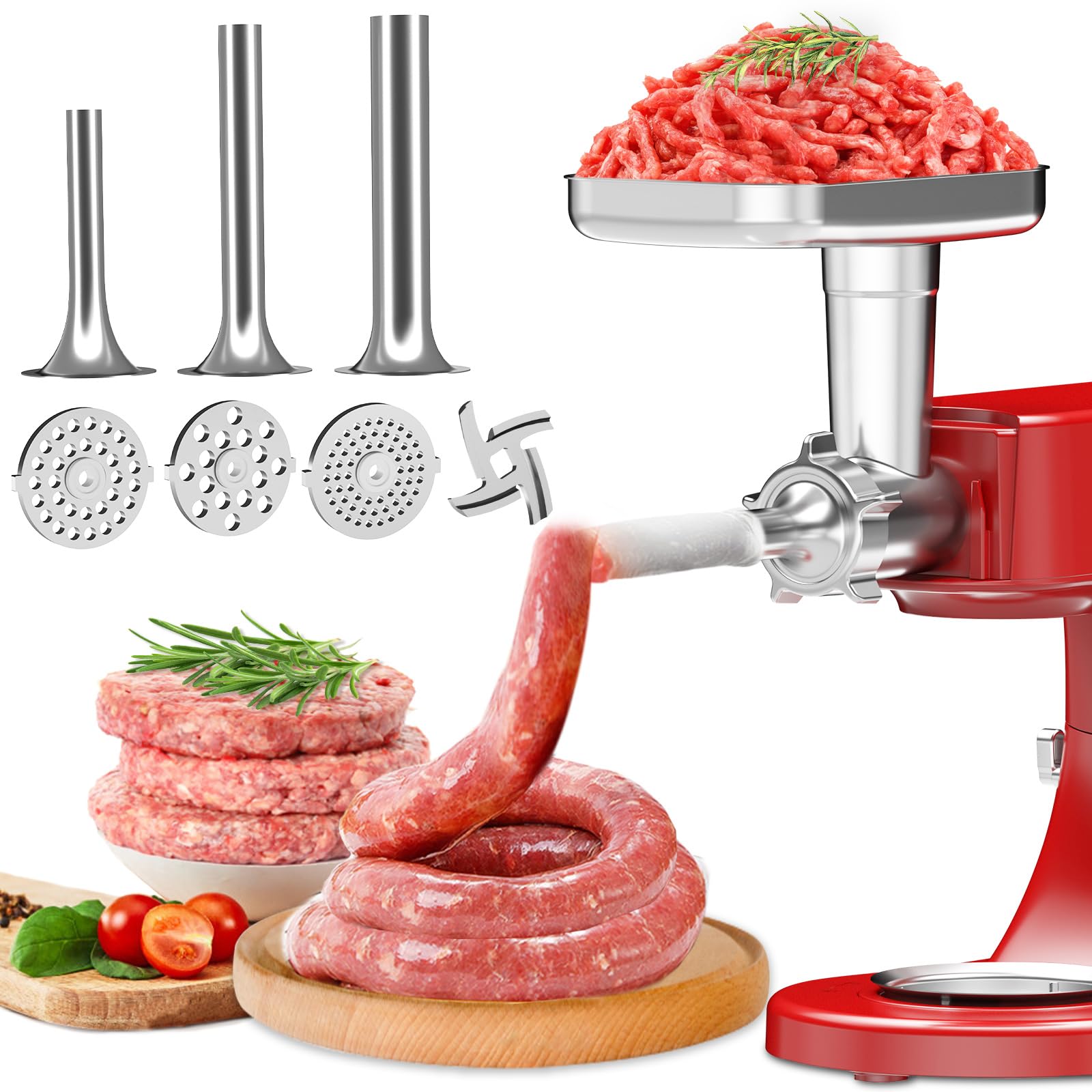 Stainless Steel Food Meat Grinder Attachment for KitchenAid Stand Mixers - 4 Blades & 3 Sausage Stuffer Tubes - Dishwasher Safe - Perfect for Homemade Burgers, Sausages & Pet Food