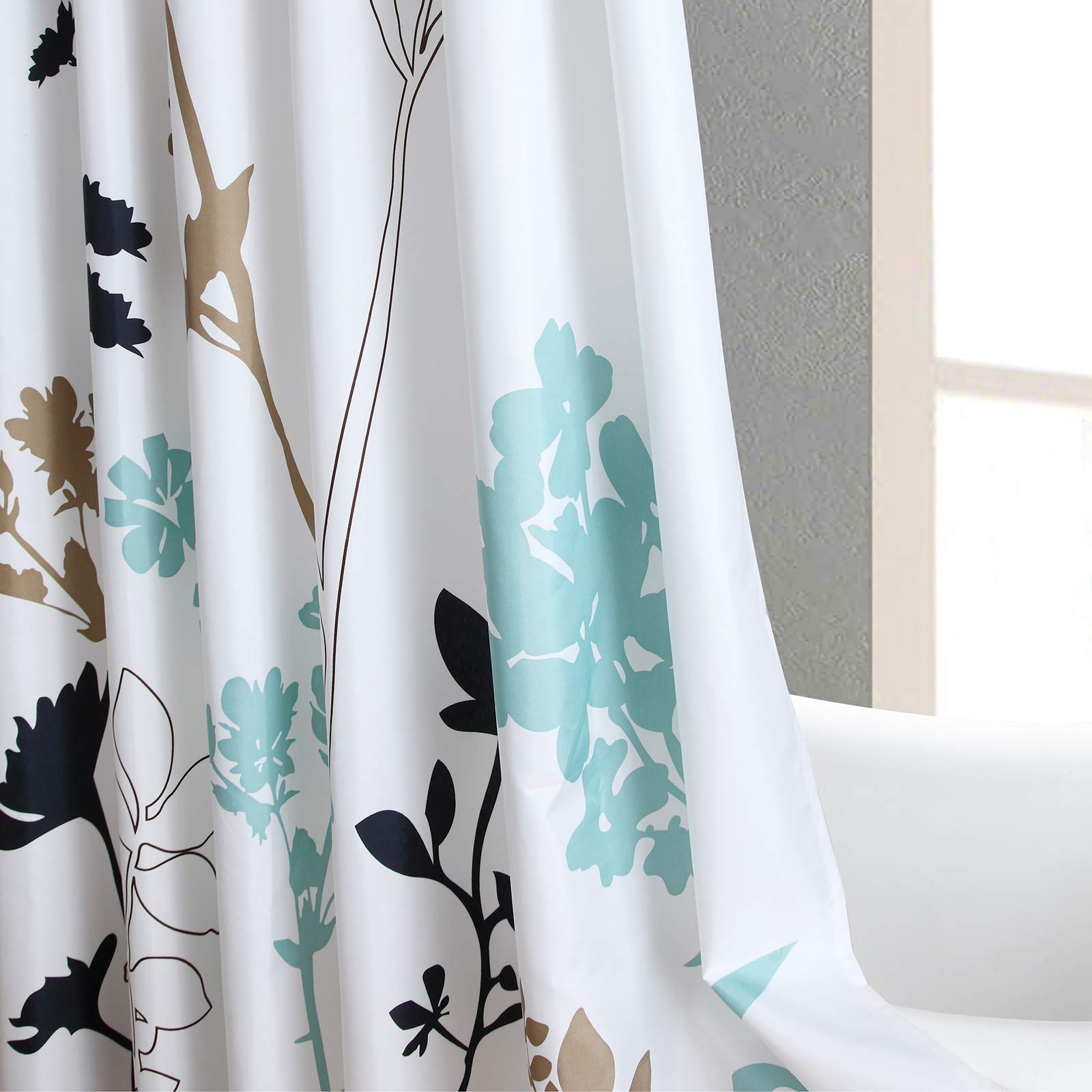 Blue and White Floral Shower Curtain - Teal and Brown Botanical Bathroom Curtain 72x72 Inches - Waterproof Fabric for Modern Bathroom Decor - Perfect for Spa, Master Bath, and Guest Bathrooms