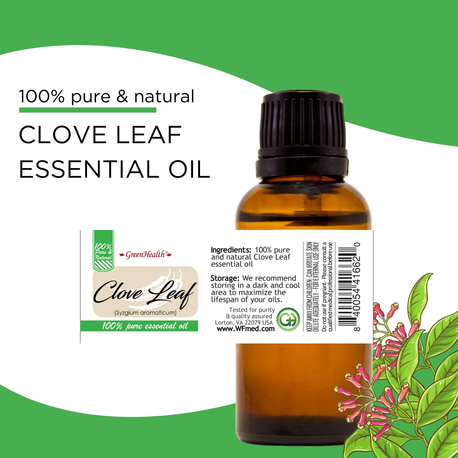 100% Pure Clove Leaf Essential Oil - 4 fl oz (118ml) Glass Bottle with Cap - Aromatherapy, Massage & DIY Skincare - GreenHealth