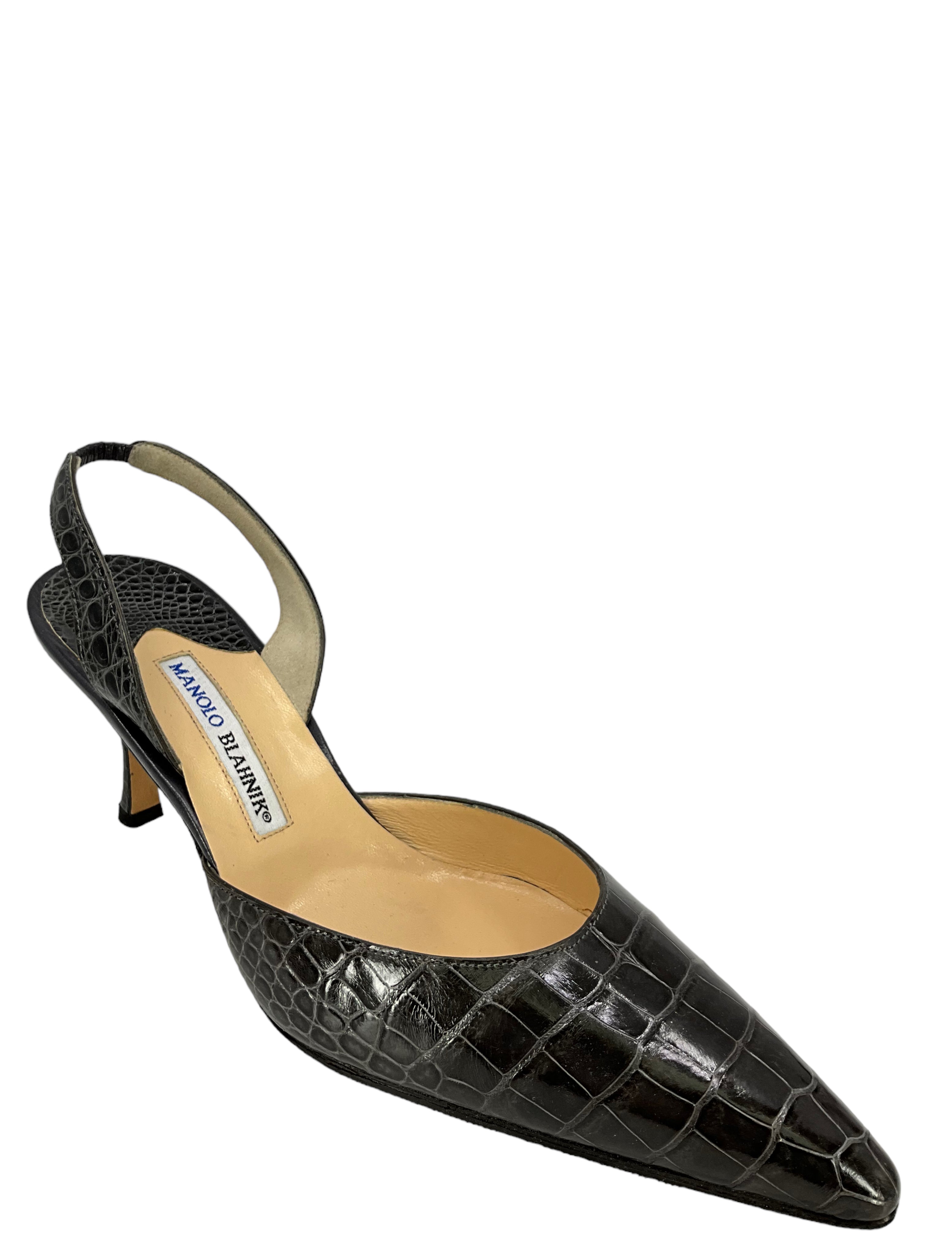 Manolo Blahnik Gray Alligator Slingback Heels - Women's Size 11 Luxury Designer Shoes for Weddings, Parties & Special Occasions