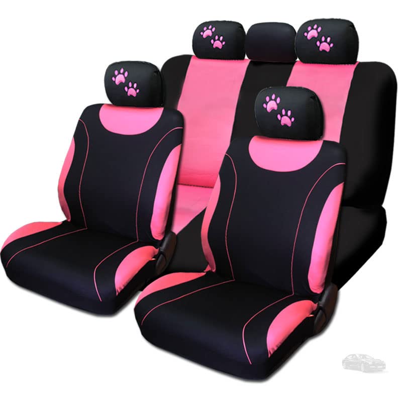 12-Piece Pink Car Seat Covers Set - Soft Flat Cloth Front & Rear Covers with Embroidered Paw Design, Headrest Protectors - Perfect Gift for Women (Great for Daily Commute, Road Trips & Pet Owners)