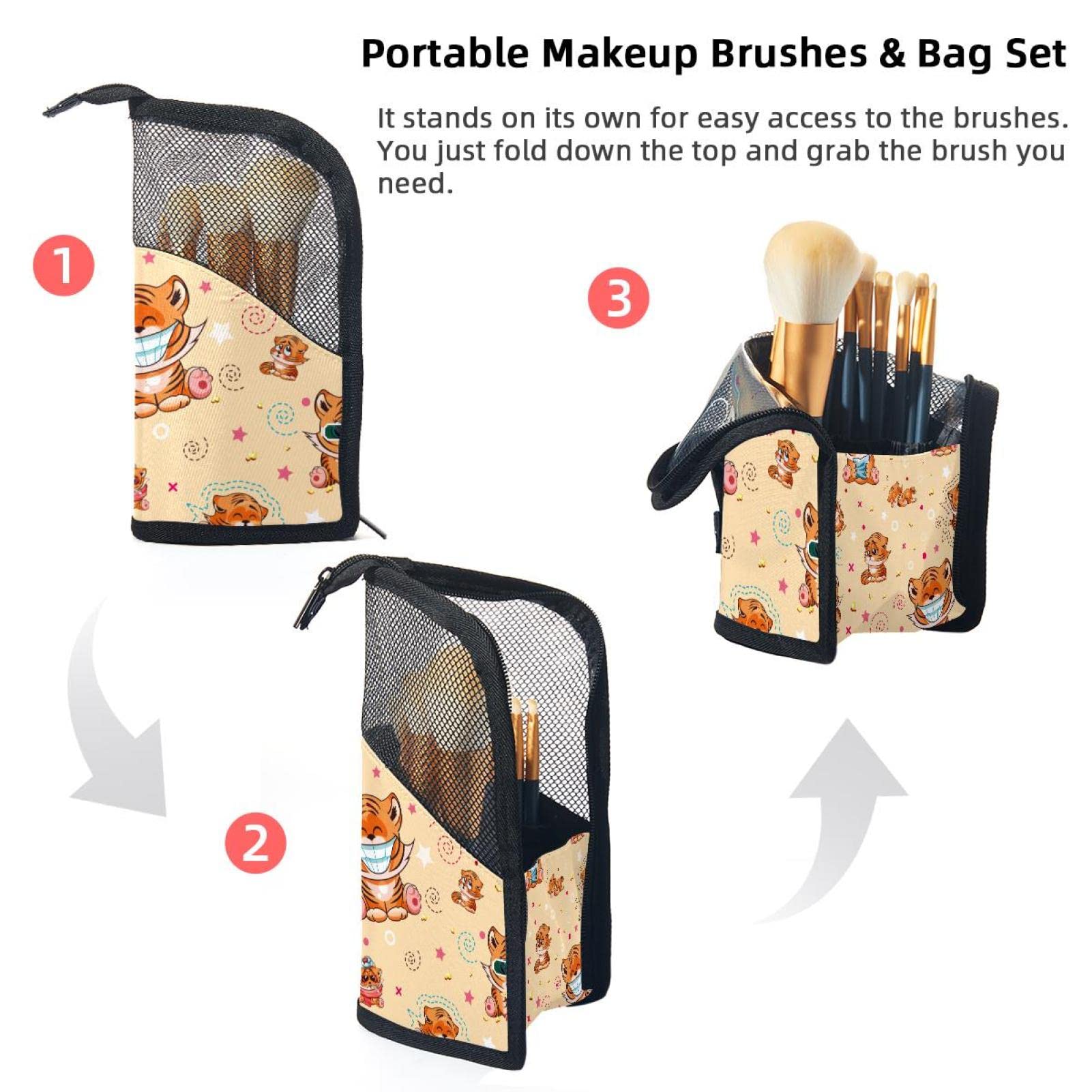 Floral Happy Tiger Makeup Brush Organizer Bag with 12 Brushes - Portable Makeup Brush Holder Case for Travel & Home Storage