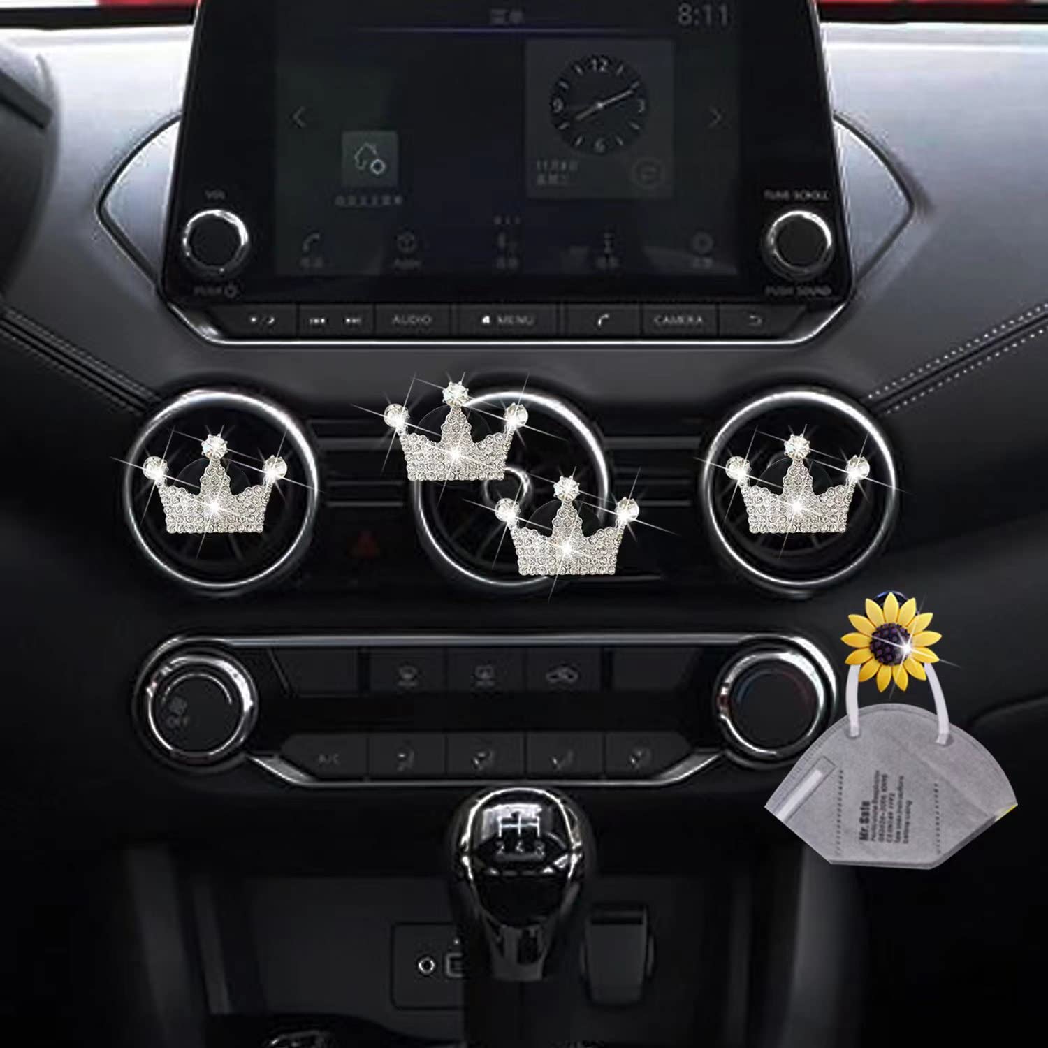 4PCS Bling Crown Car Air Vent Clips - Elegant Car Air Freshener & Diffuser with Sunflower Mask Hook - Cute Car Interior Decor for Women - Perfect for Daily Commute, Road Trips & Gift Giving