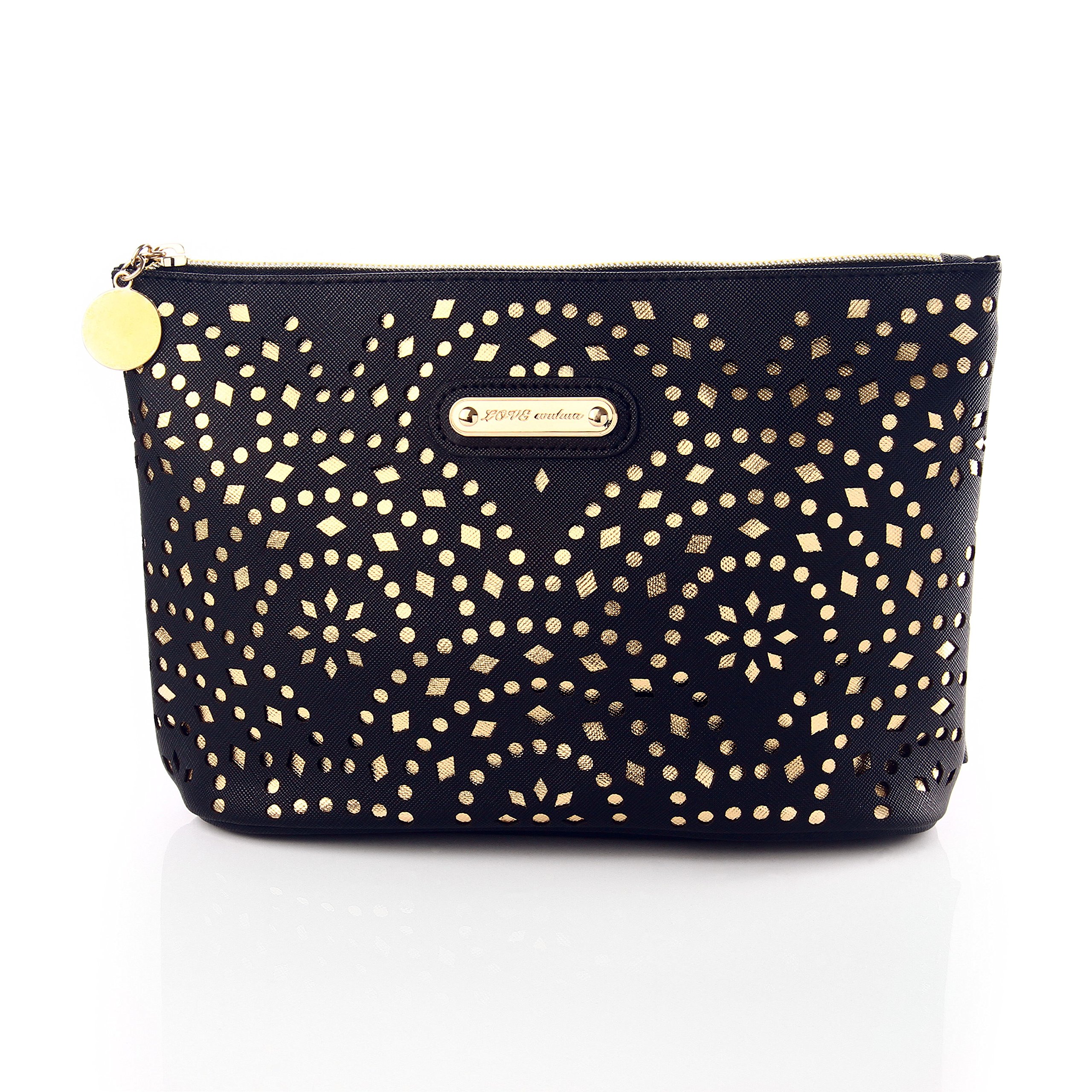 Black Makeup Bag with Gold Pattern & Zipper - Women's Travel Toiletry Organizer for Cosmetics, Brushes & Jewelry Accessories (Perfect for Vacation, Gym & Daily Use)