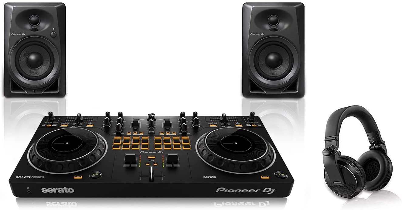 Pioneer Pro DJ Bundle - DDJ-REV1 Controller, DM-40 Studio Monitors & HDJ-X5 Headphones for Professional DJing, Home Studio & Live Performances