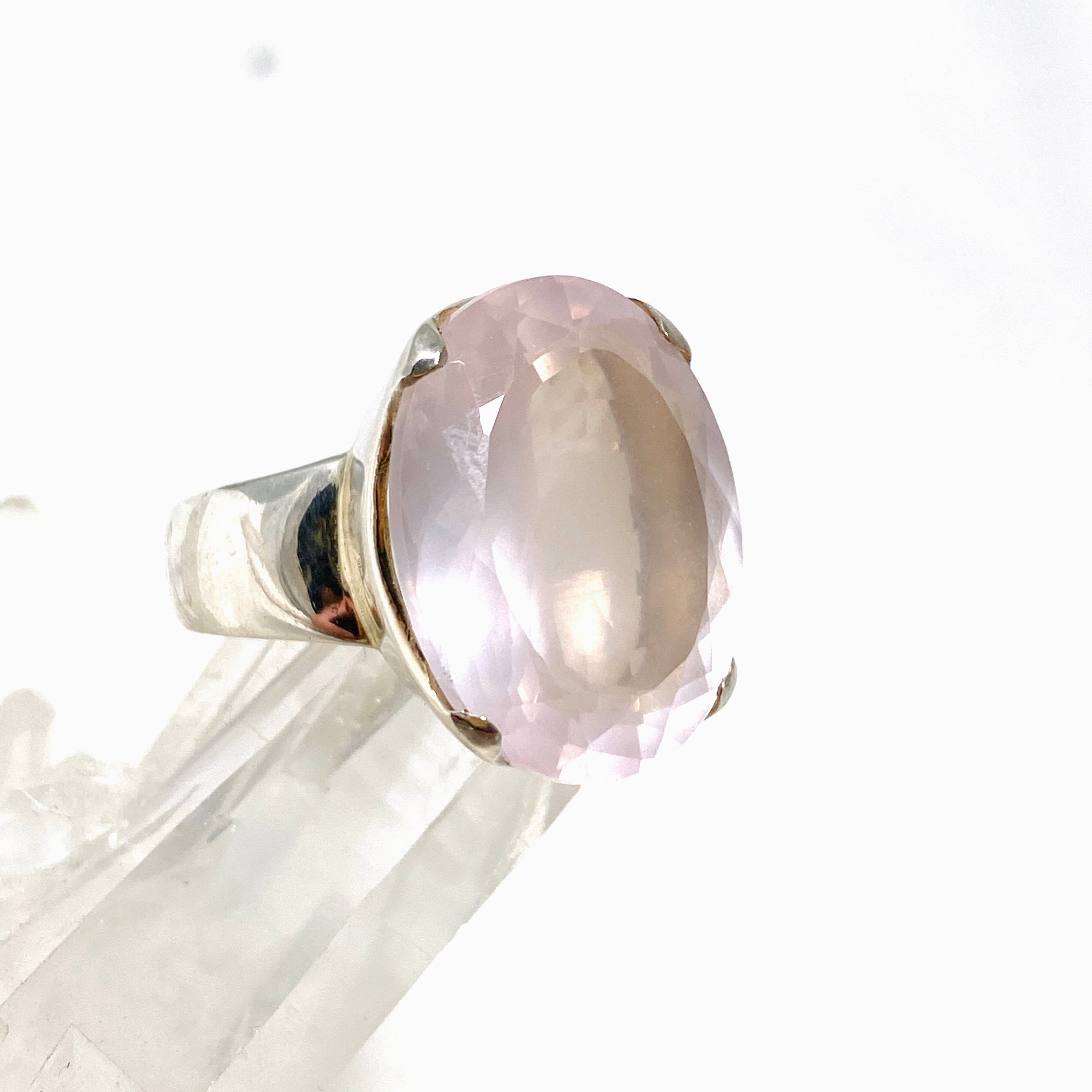 Rose Quartz Faceted Oval Ring - Size 10.5 (KRGJ1141) | Elegant Healing Crystal Jewelry for Women, Gift for Her, Wedding, Anniversary & Spiritual Healing