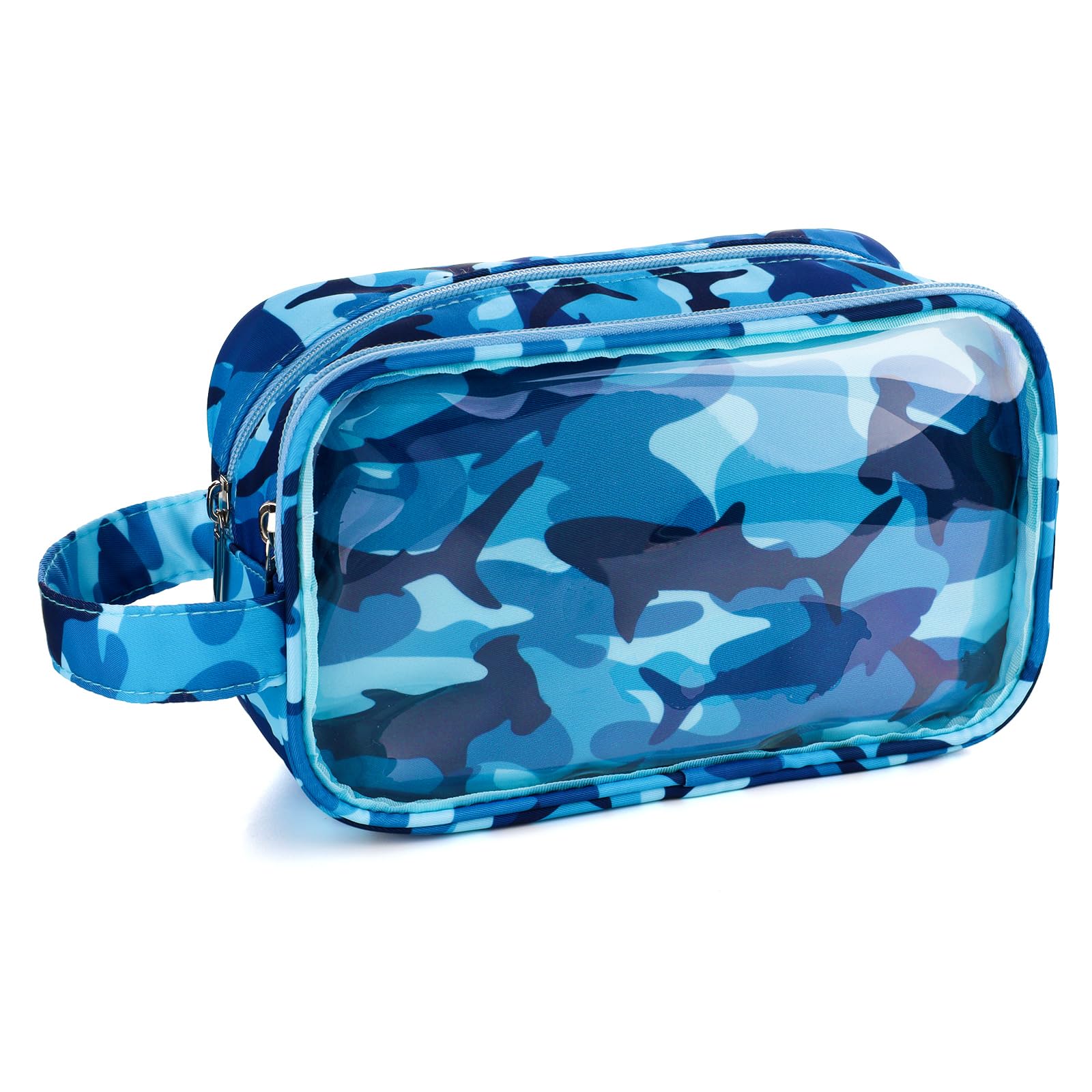 Shark Themed Kids Toiletry Bag for Boys - Waterproof Hanging Travel Cosmetic Organizer with Clear Window | Perfect for Toddler Travel, Camping & Sleepovers (Blue)