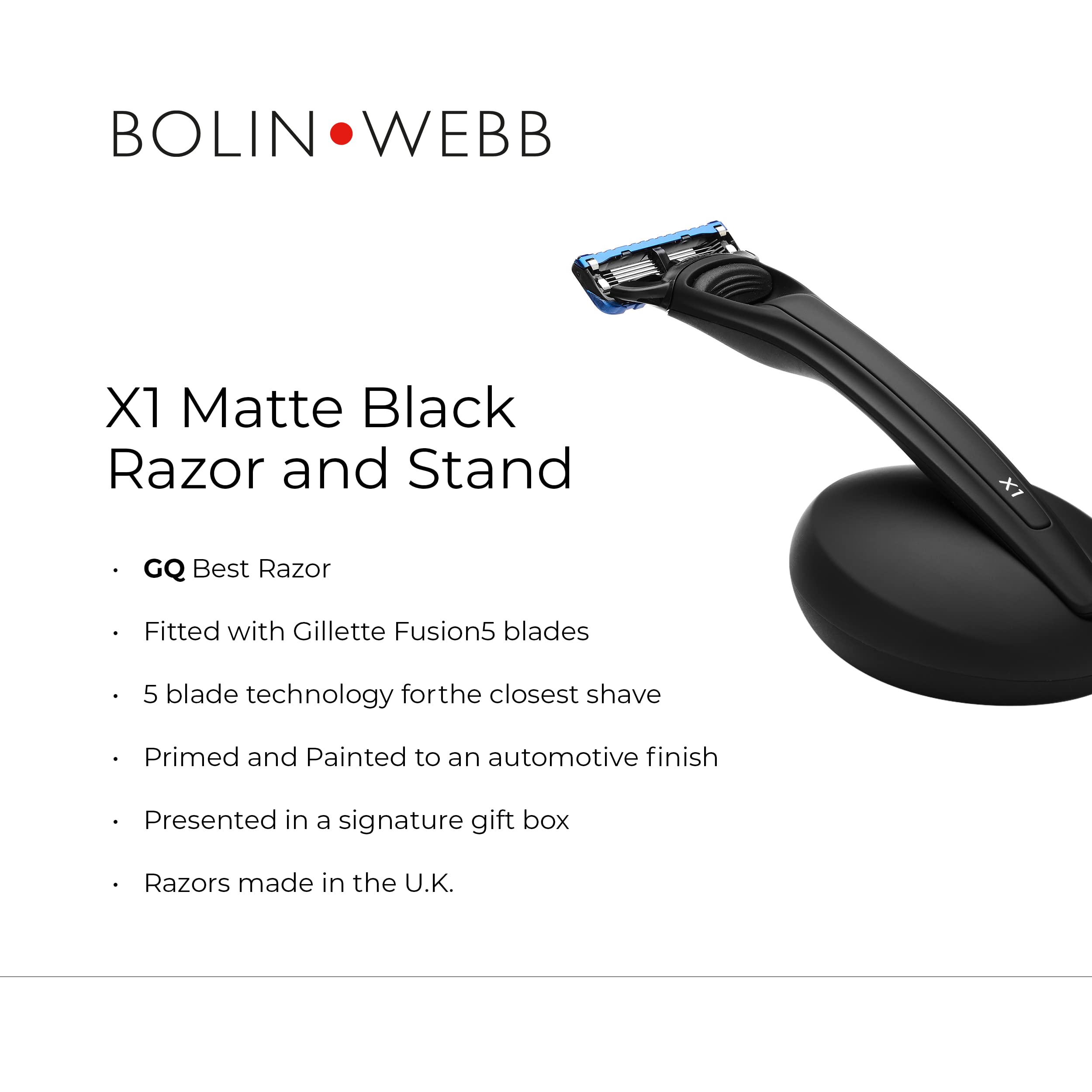 Premium Bolin Webb X1 Black Men's Razor with Gillette Fusion5 Blades - Award-Winning English Made Shaving Kit for Smooth Shave | Luxury Grooming Gift for Him, Travel & Daily Use