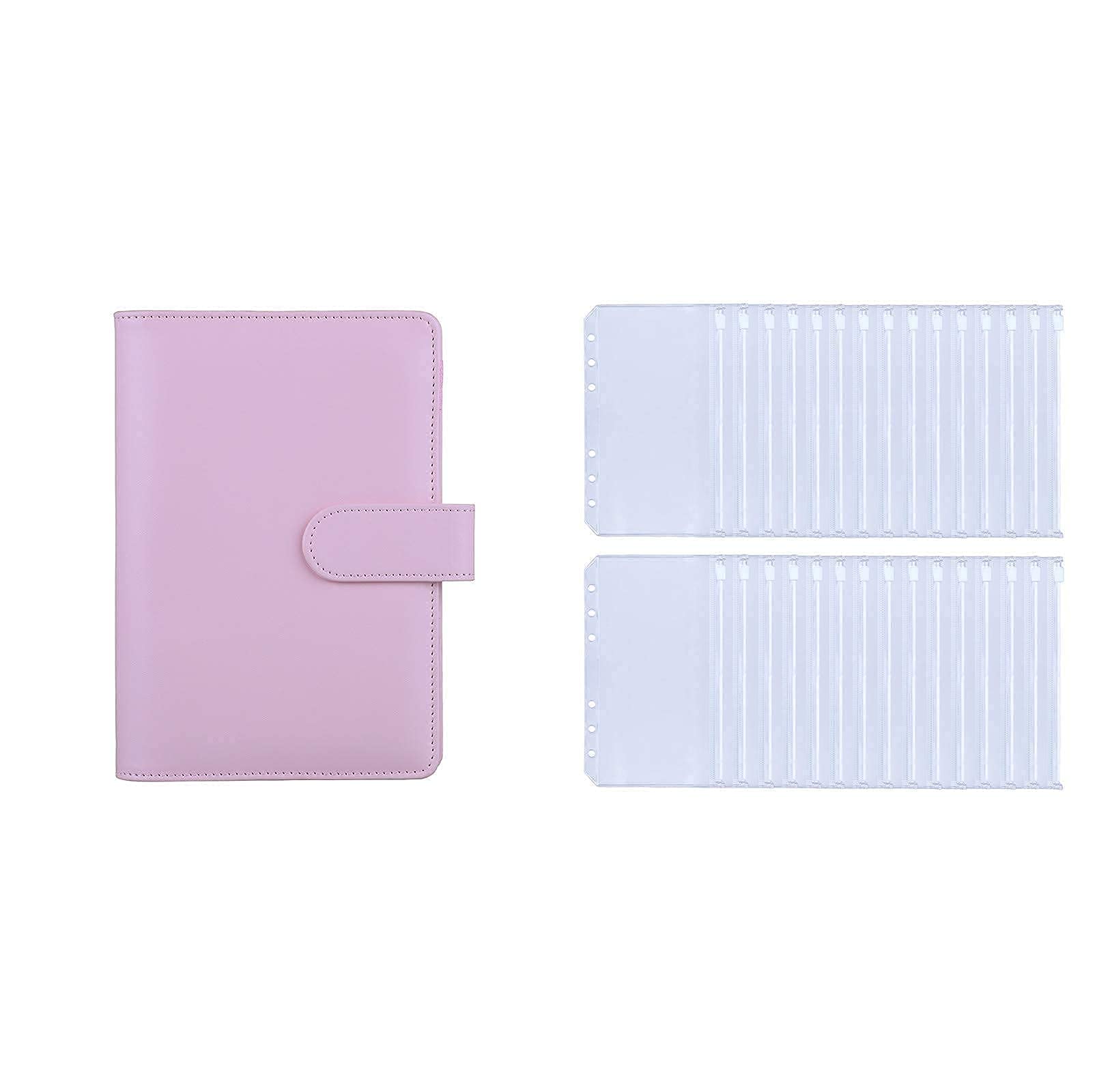 HAUTOCO Pink A6 PU Leather Ring Binder Set with 30PCS Clear A6 6-Hole Refillable Pockets - Perfect for School, Office & Planner Organization