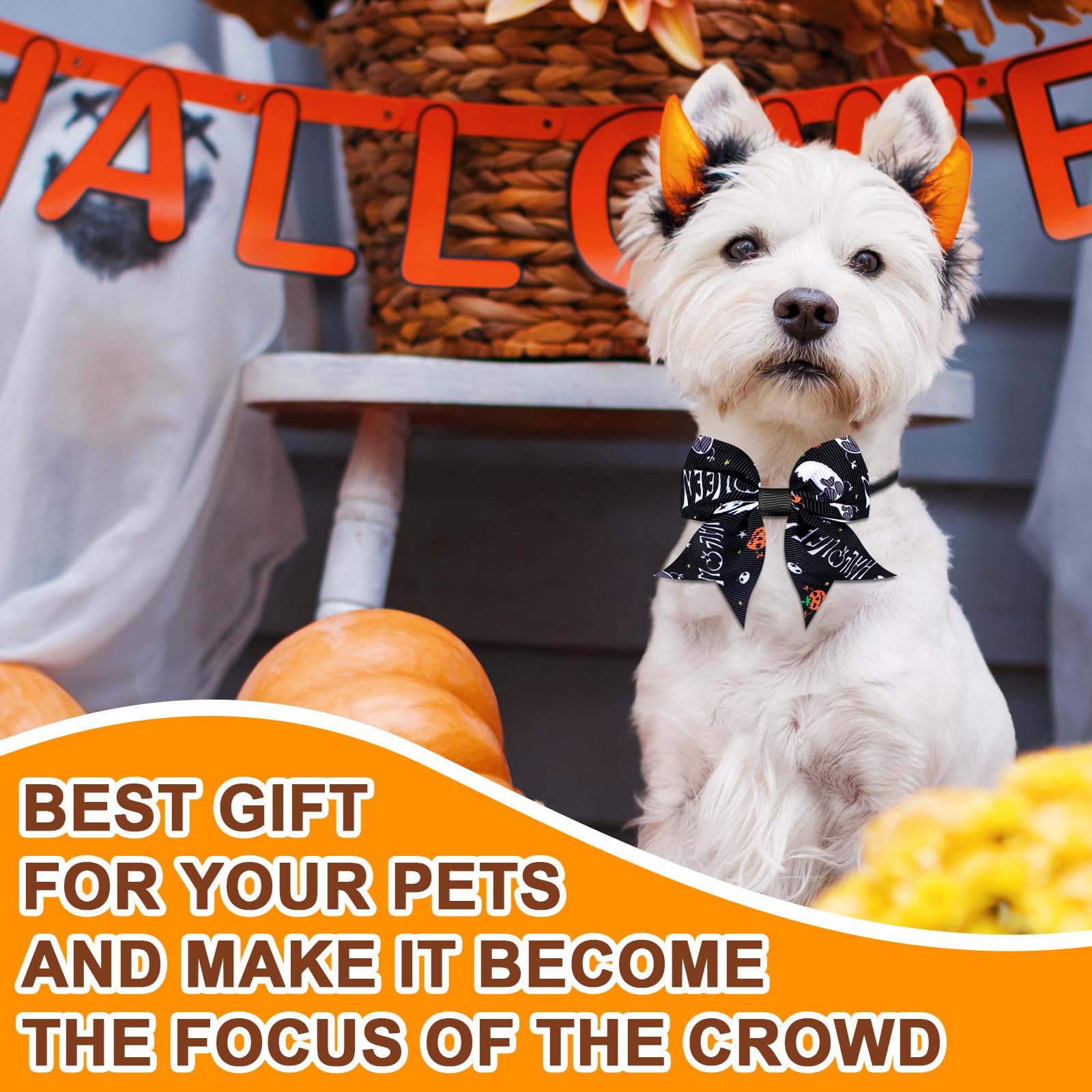 60 Pcs Halloween Dog Bows & Collars - Adjustable Pumpkin Ghost Bow Ties for Small Medium Dogs - 24 Neckties & 24 Bowties with 12 Bowknots - Perfect for Halloween Pet Costumes, Parties & Photo Shoots