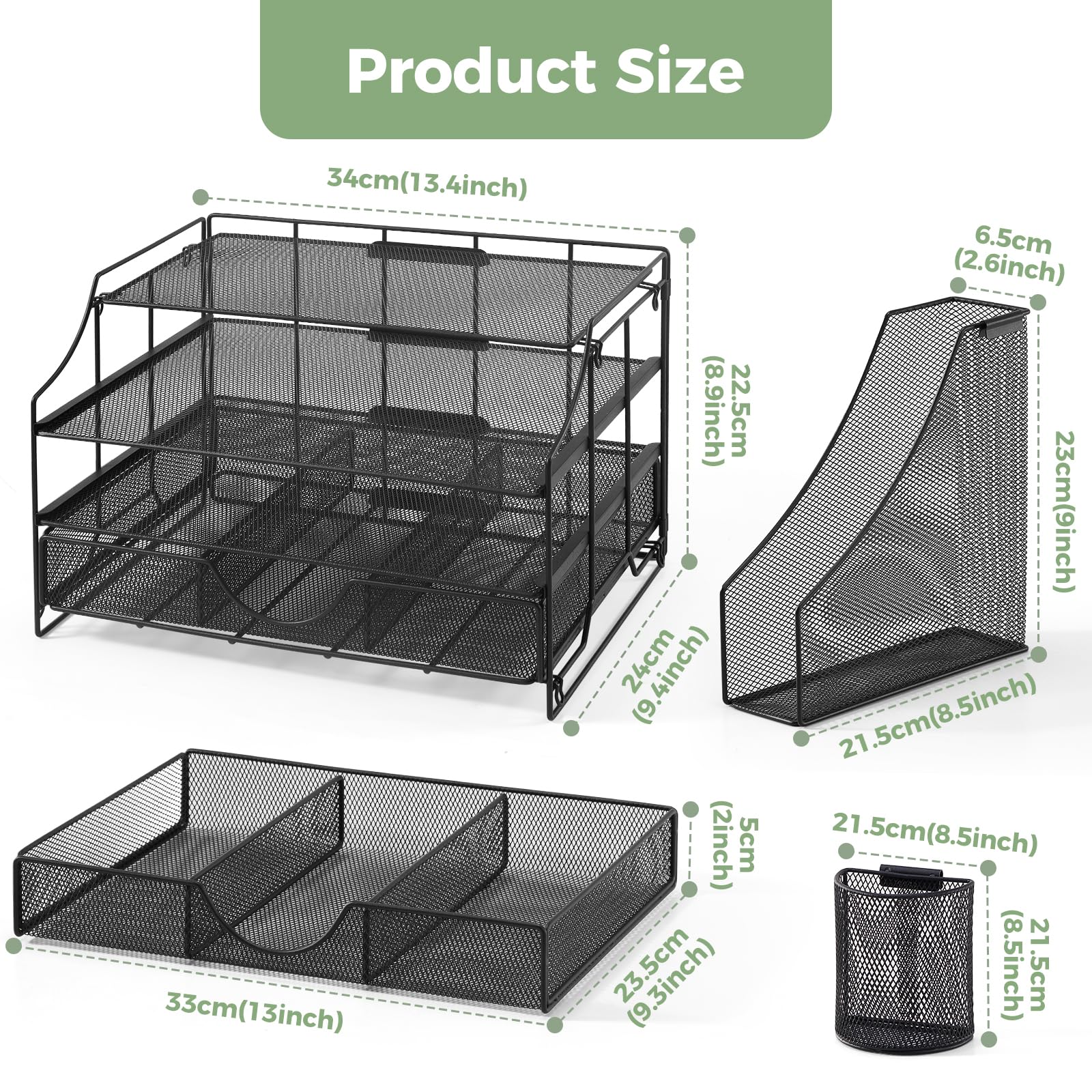 4-Tier Mesh Desk Organizer with Drawer & Vertical File Holder - Office Supplies Storage for Paper, Letters, Documents | Perfect Workspace Accessory for Home & Office Organization