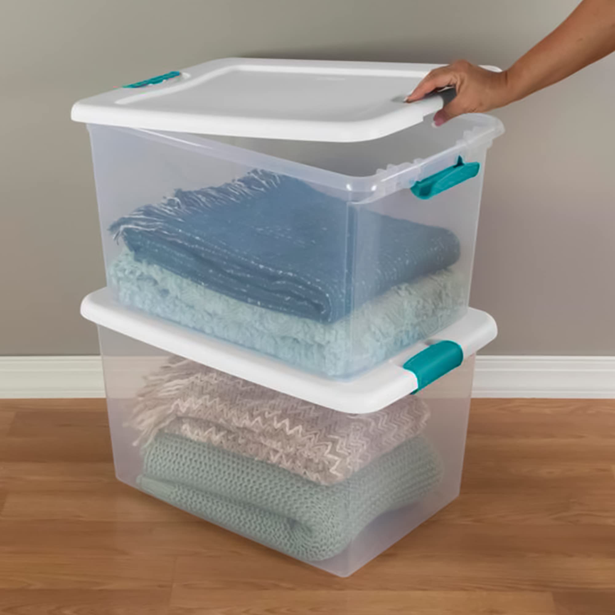 Sterilite 4-Pack & 6-Pack Latching Storage Bins with Lids - 106 Qt & 64 Qt Clear Plastic Organizing Totes for Home, Office, Garage & Closet Organization