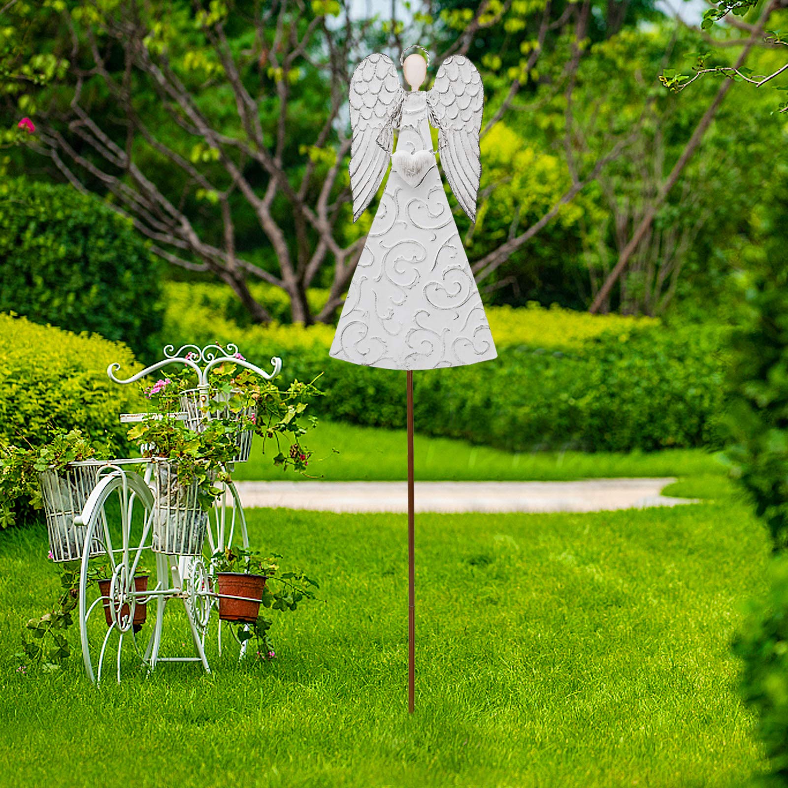 Antiqued Metal Angel Garden Stakes with Heart - Rustic Outdoor Iron Lawn Art for Patio, Backyard & Garden Decor (1 Piece) - Perfect for Flower Beds, Walkways & Outdoor Wedding Decorations